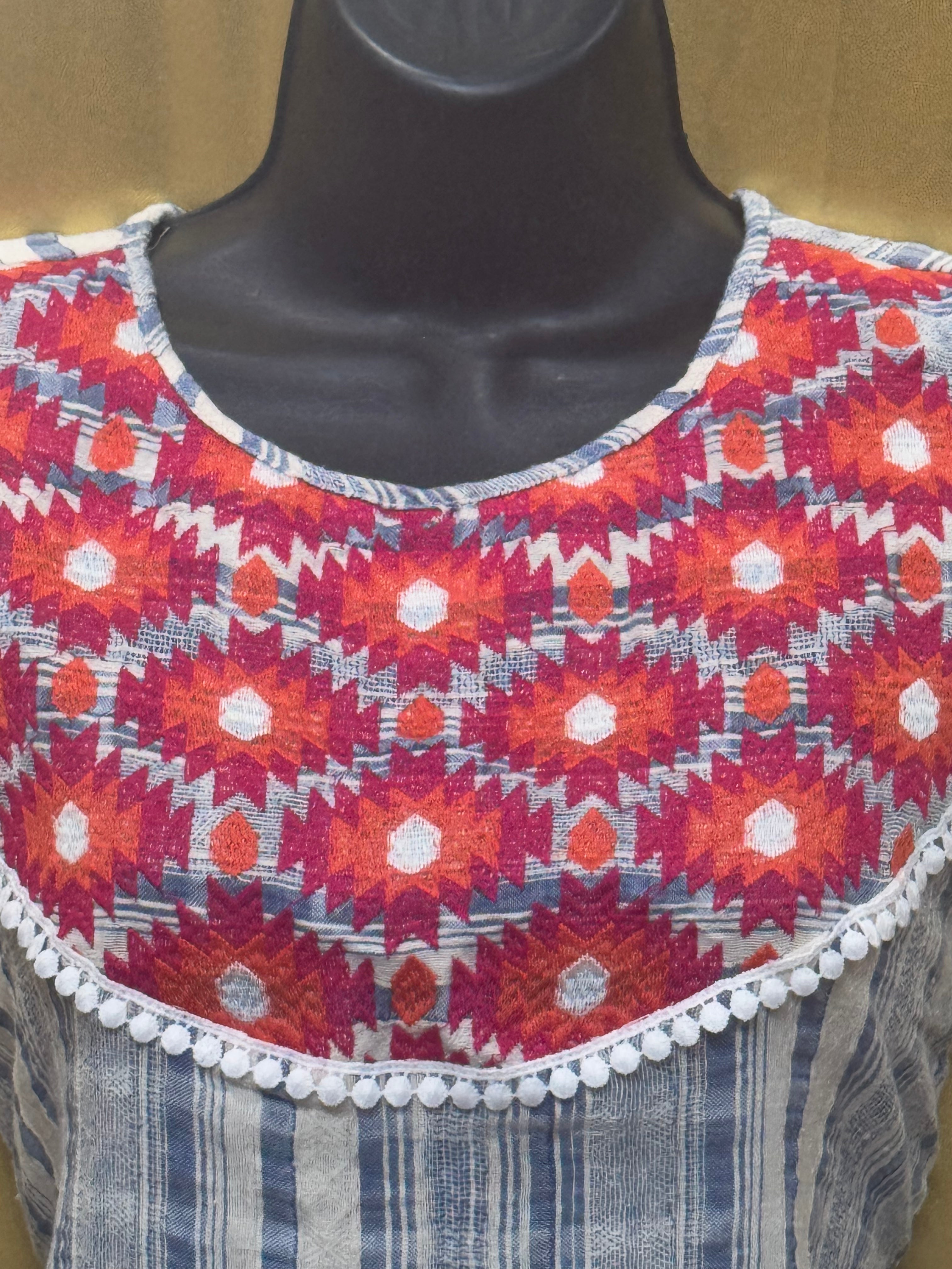 L Love Boutique Striped Tunic M Boho Embroidered Pom Pom Tank