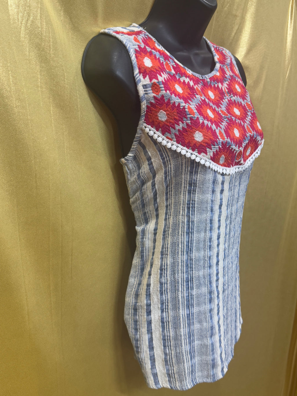 L Love Boutique Striped Tunic M Boho Embroidered Pom Pom Tank