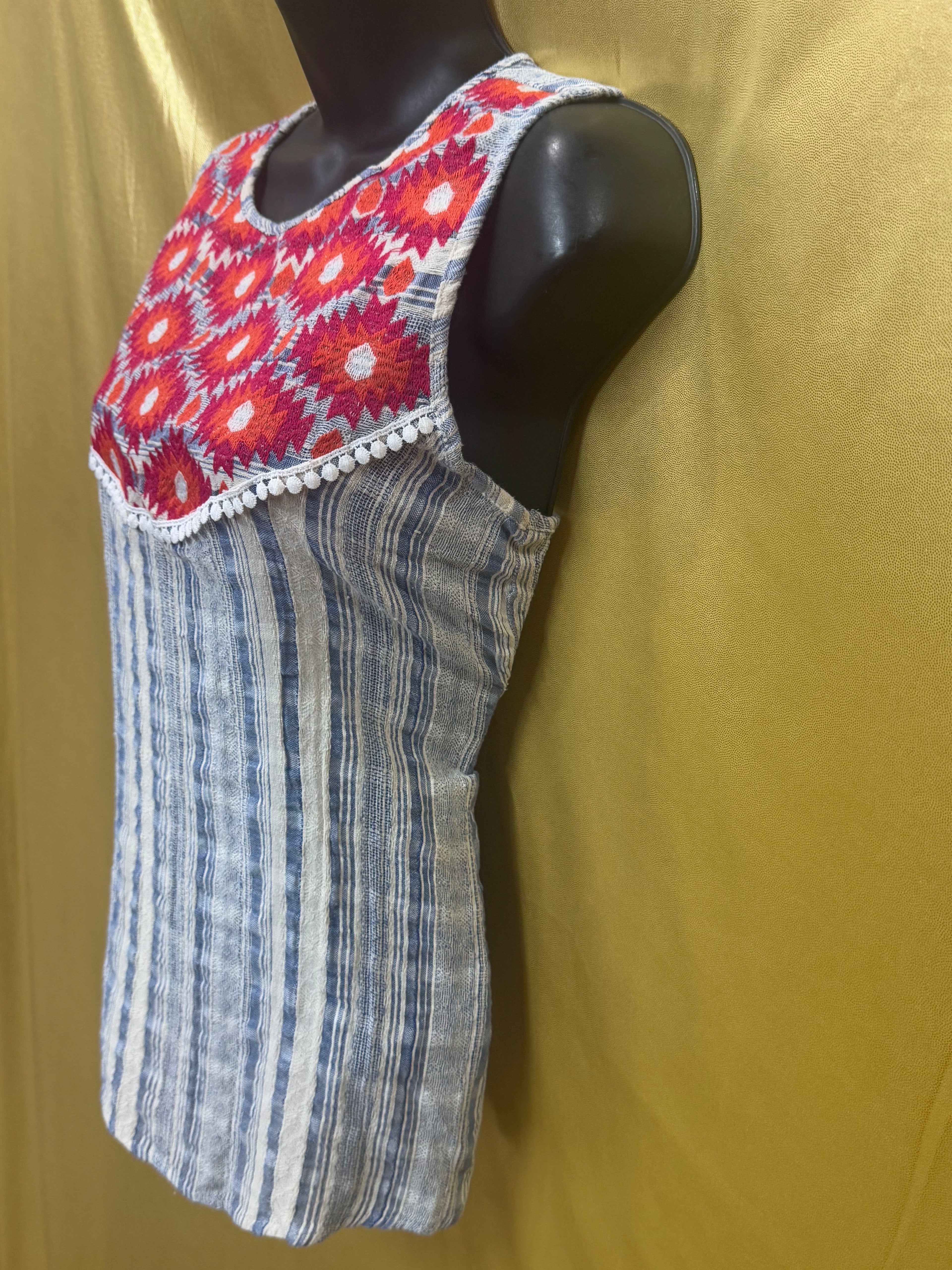 L Love Boutique Striped Tunic M Boho Embroidered Pom Pom Tank
