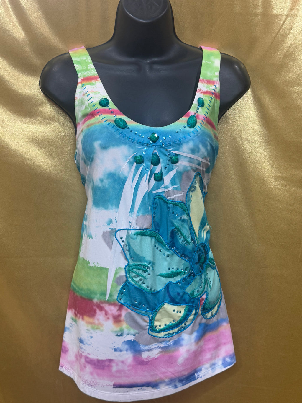 Spy Zone Exchange Watercolor Tie Dye Racerback Tank Top Beaded Floral Medium