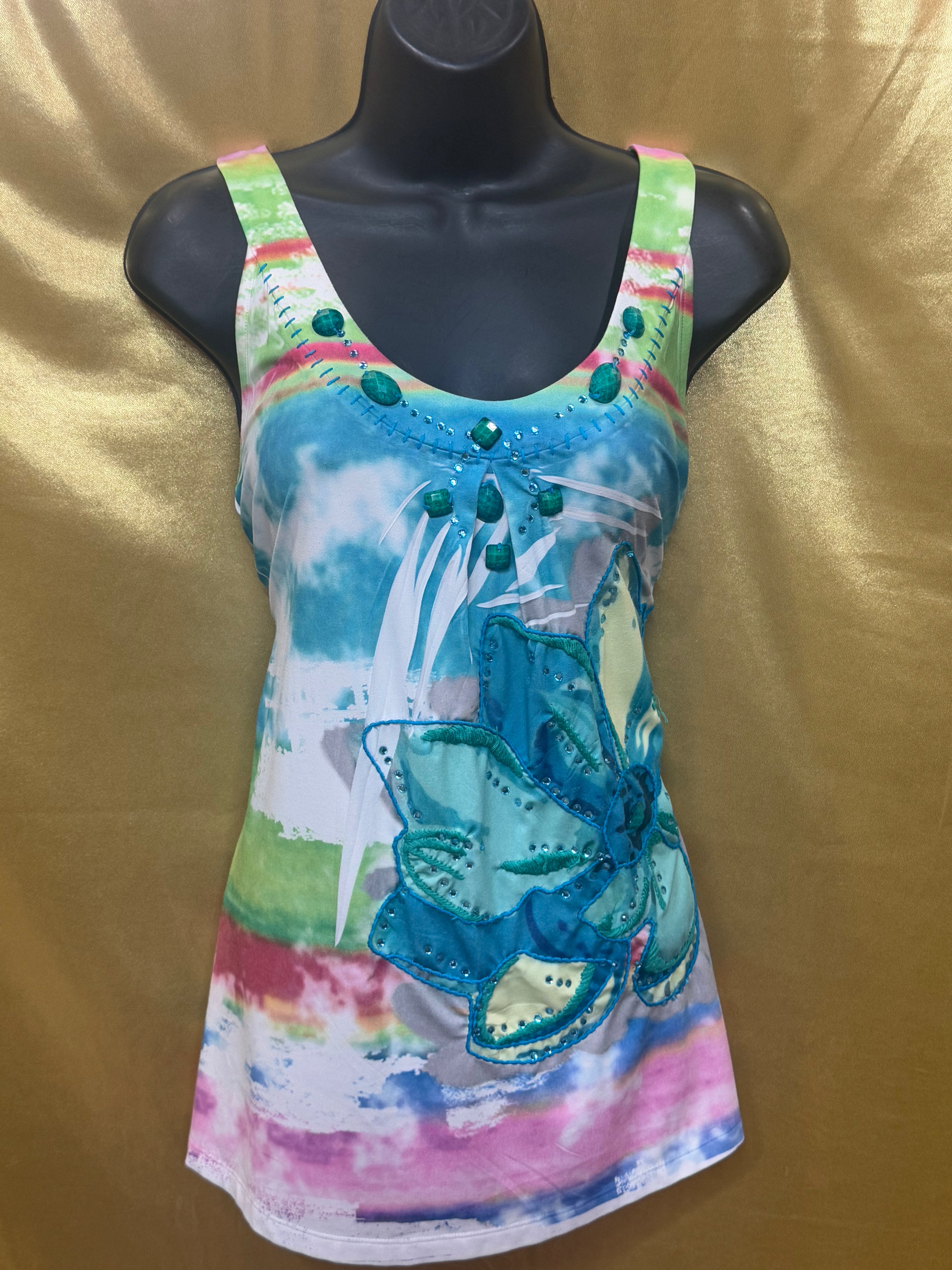 Spy Zone Exchange Watercolor Tie Dye Racerback Tank Top Beaded Floral Medium