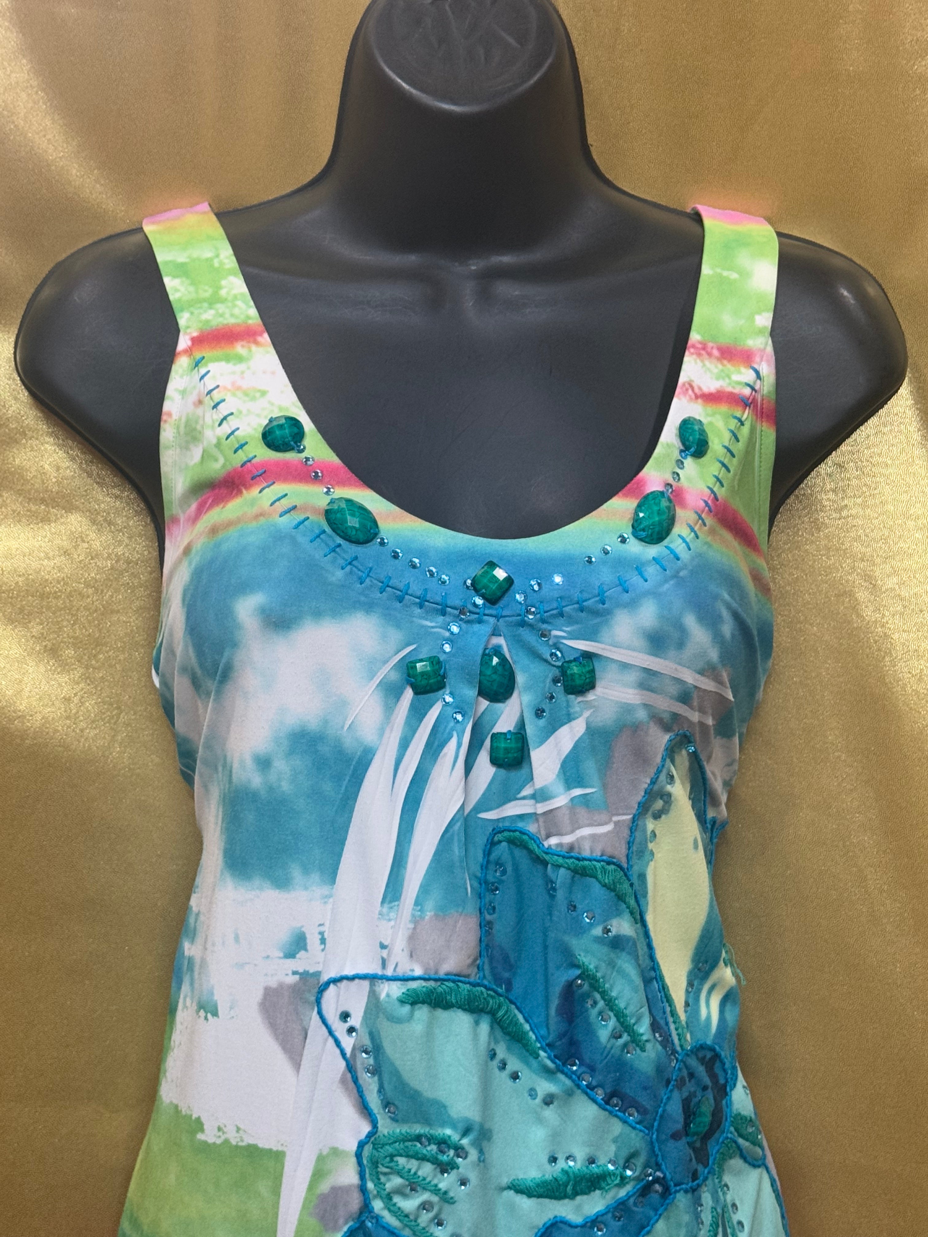 Spy Zone Exchange Watercolor Tie Dye Racerback Tank Top Beaded Floral Medium