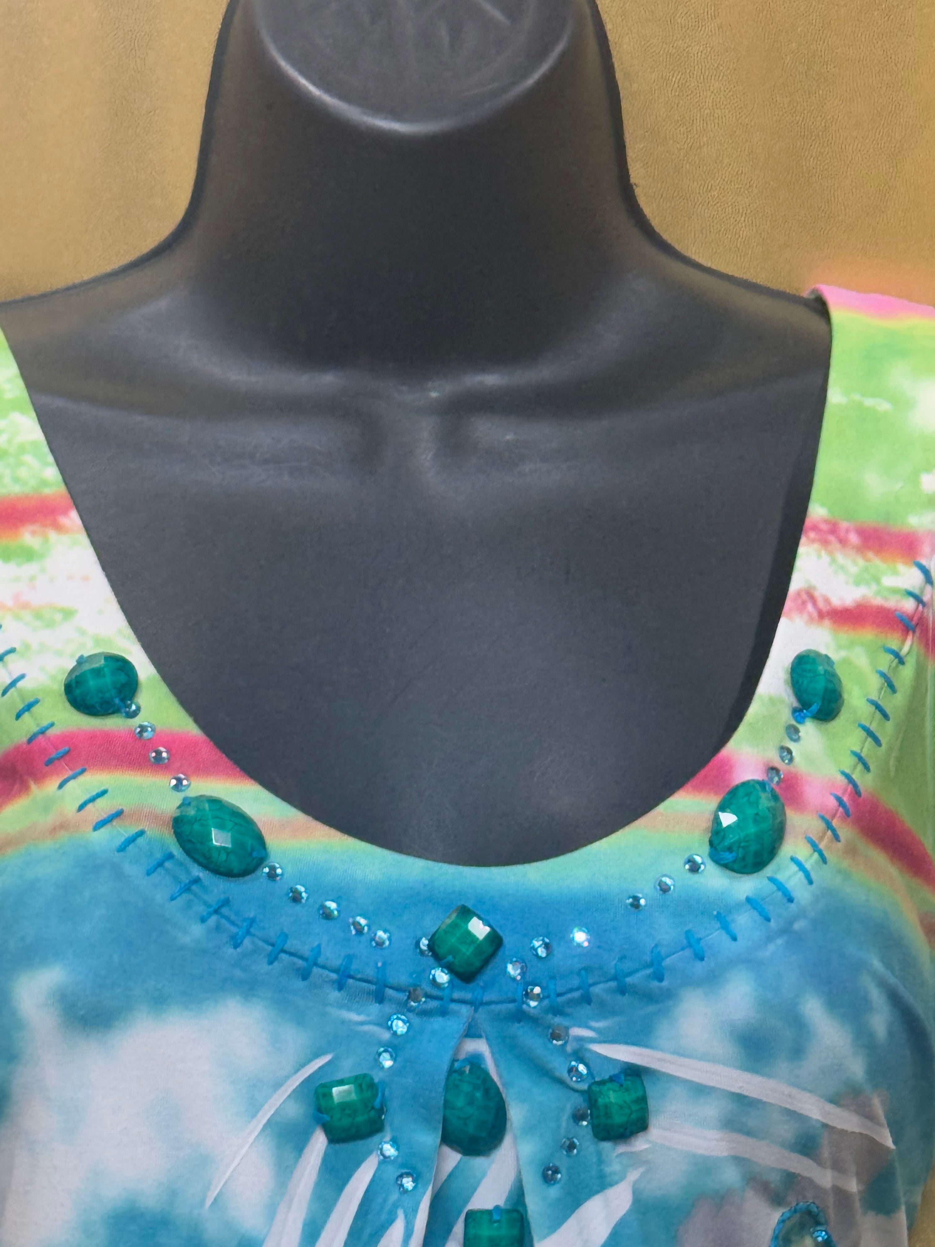 Spy Zone Exchange Watercolor Tie Dye Racerback Tank Top Beaded Floral Medium