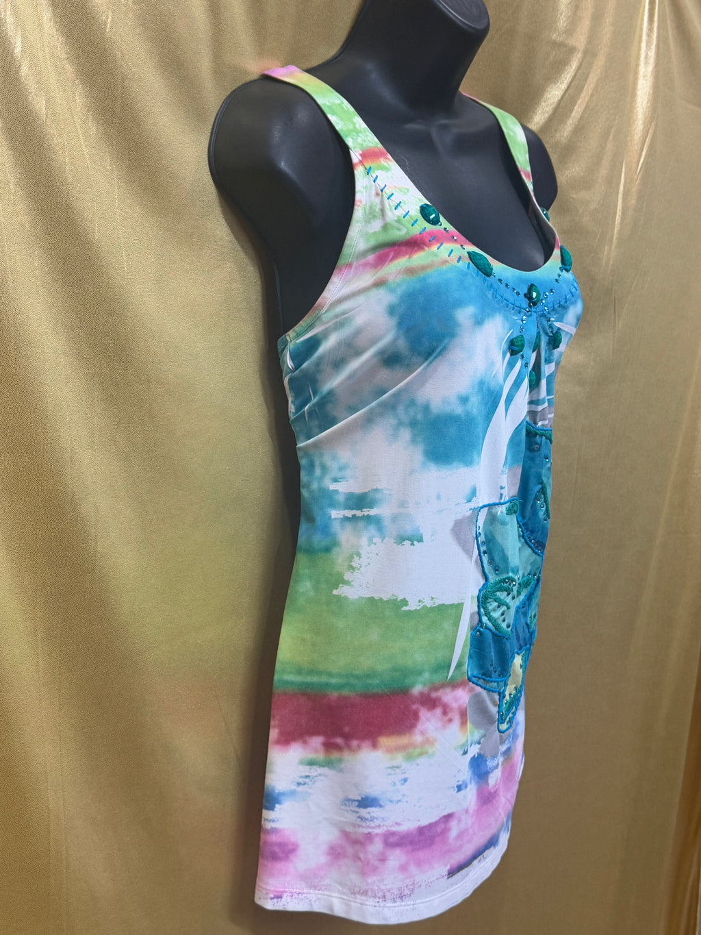 Spy Zone Exchange Watercolor Tie Dye Racerback Tank Top Beaded Floral Medium