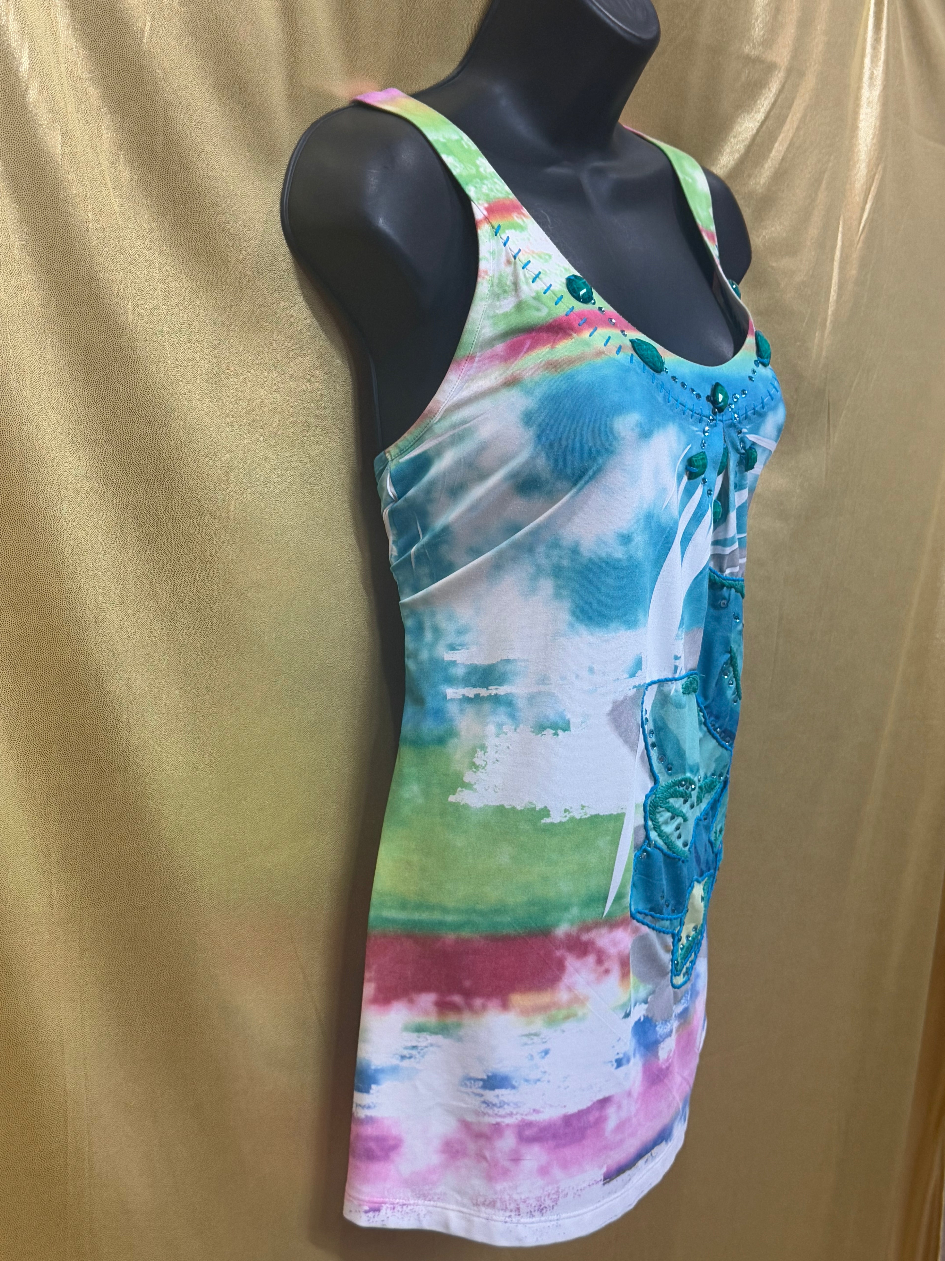 Spy Zone Exchange Watercolor Tie Dye Racerback Tank Top Beaded Floral Medium