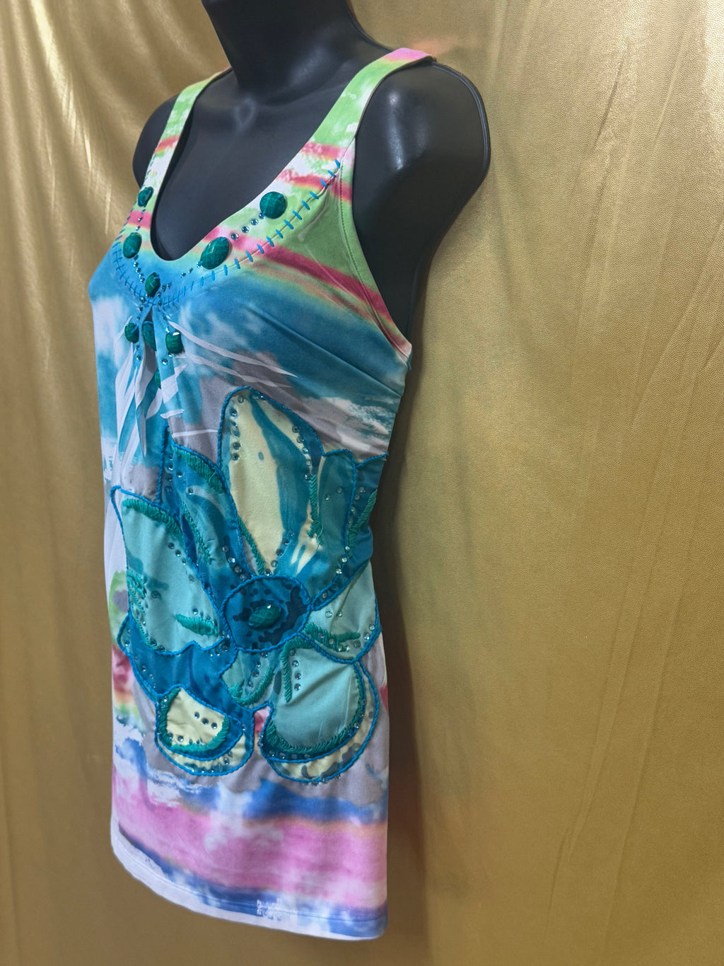 Spy Zone Exchange Watercolor Tie Dye Racerback Tank Top Beaded Floral Medium