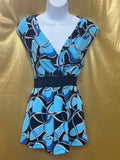 Cato Blue Geometric V-Neck Cap Sleeve Blouse Top - Medium