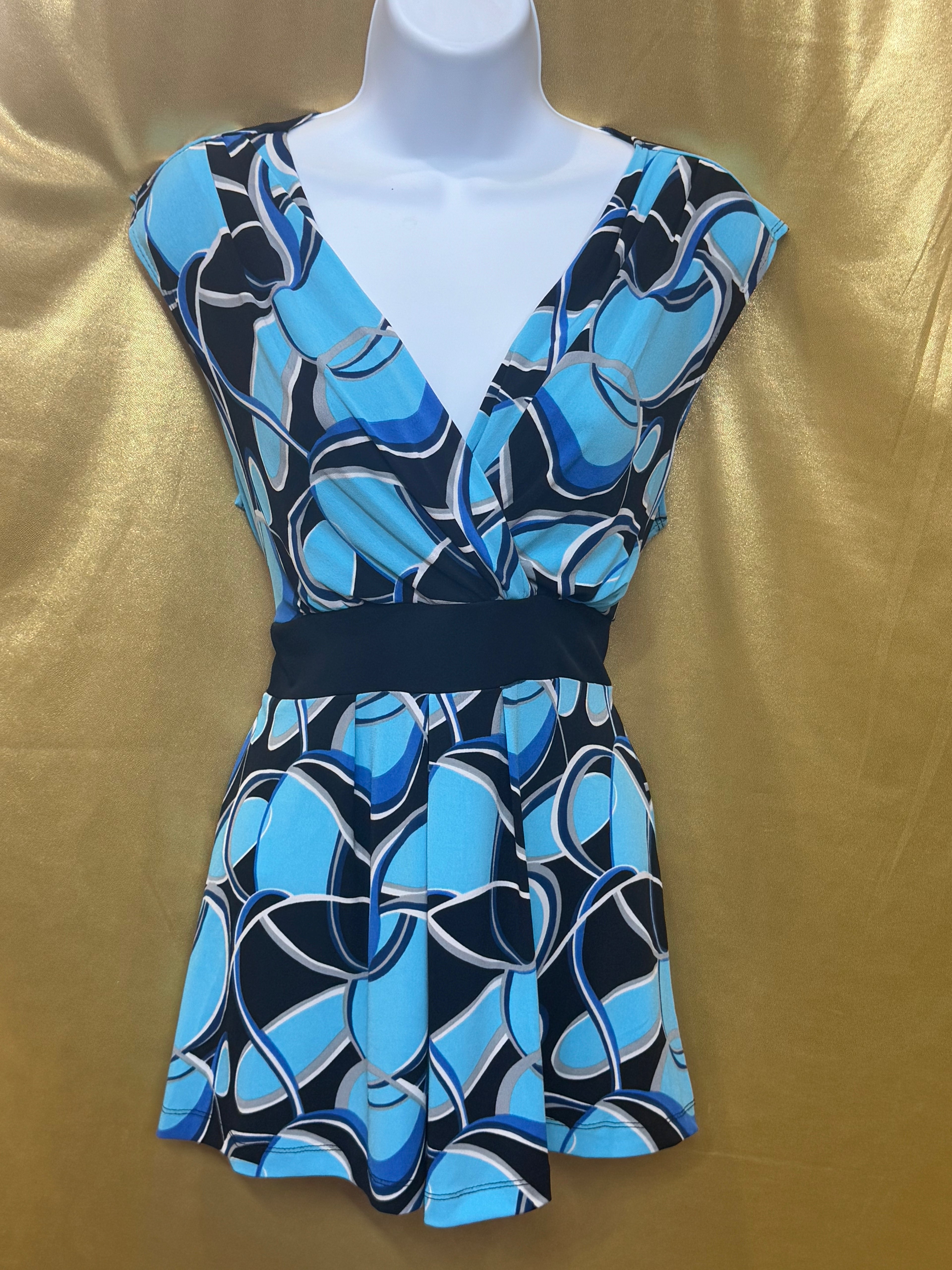 Cato Blue Geometric V-Neck Cap Sleeve Blouse Top - Medium