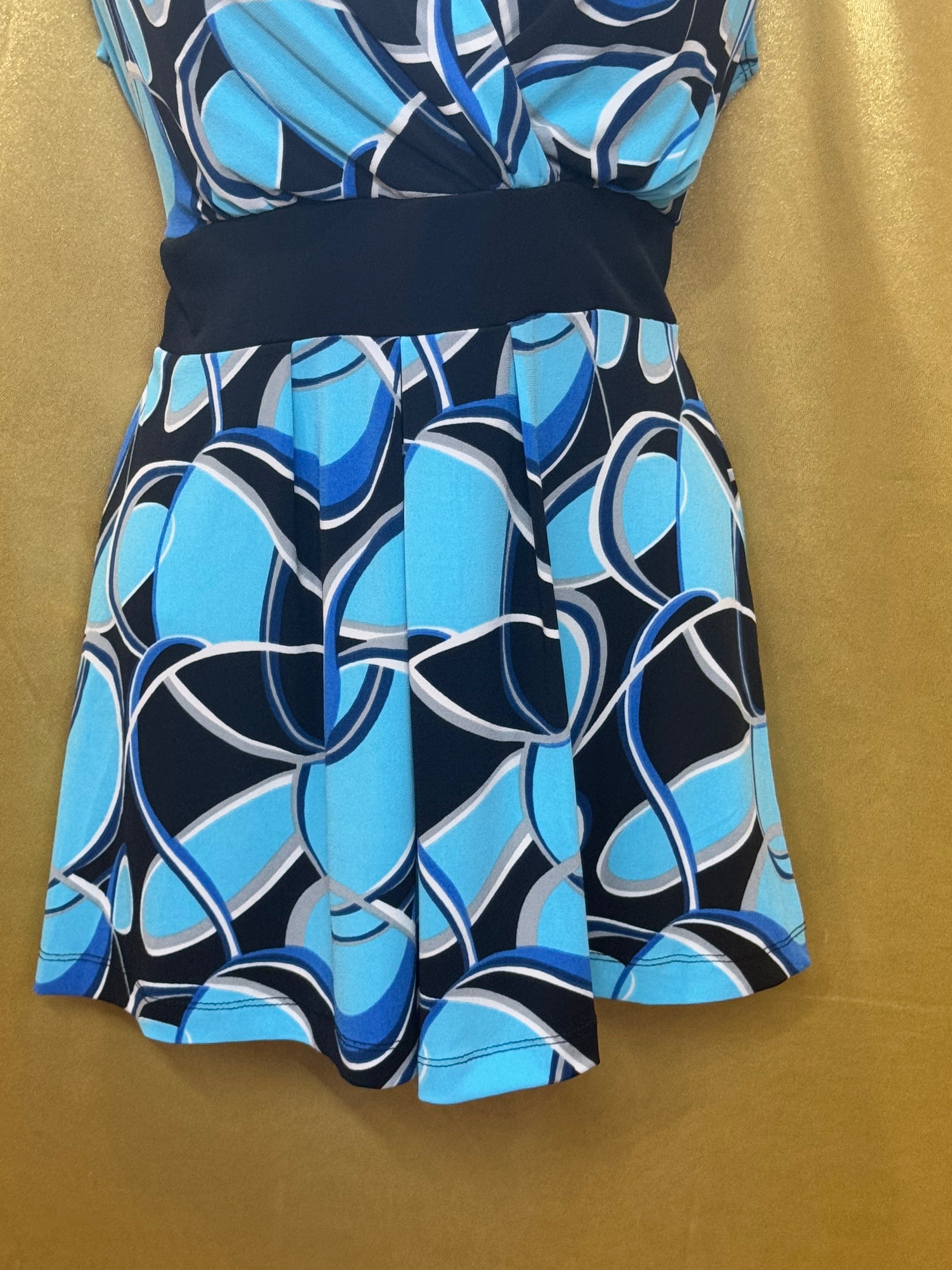 Cato Blue Geometric V-Neck Cap Sleeve Blouse Top - Medium