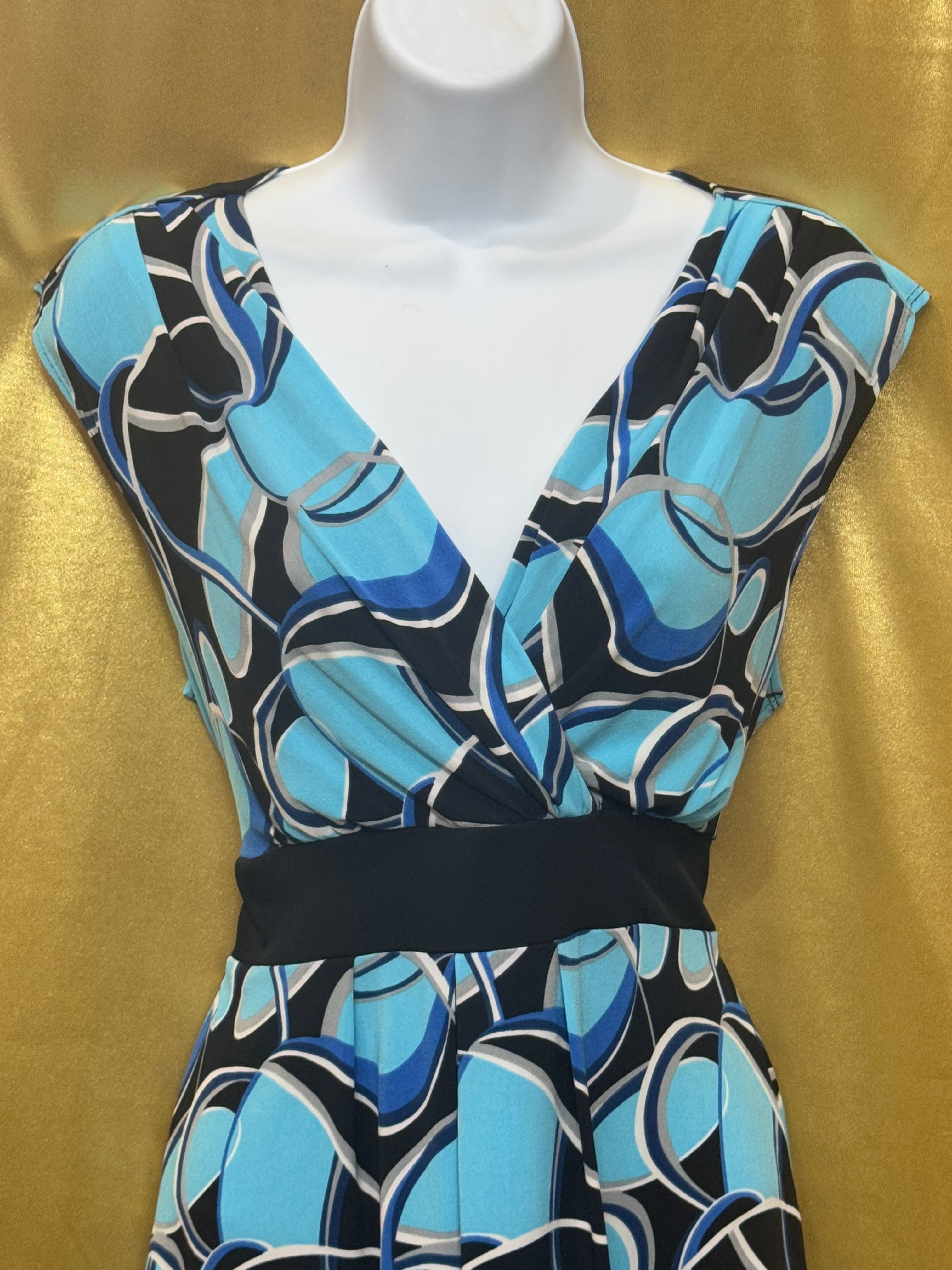 Cato Blue Geometric V-Neck Cap Sleeve Blouse Top - Medium