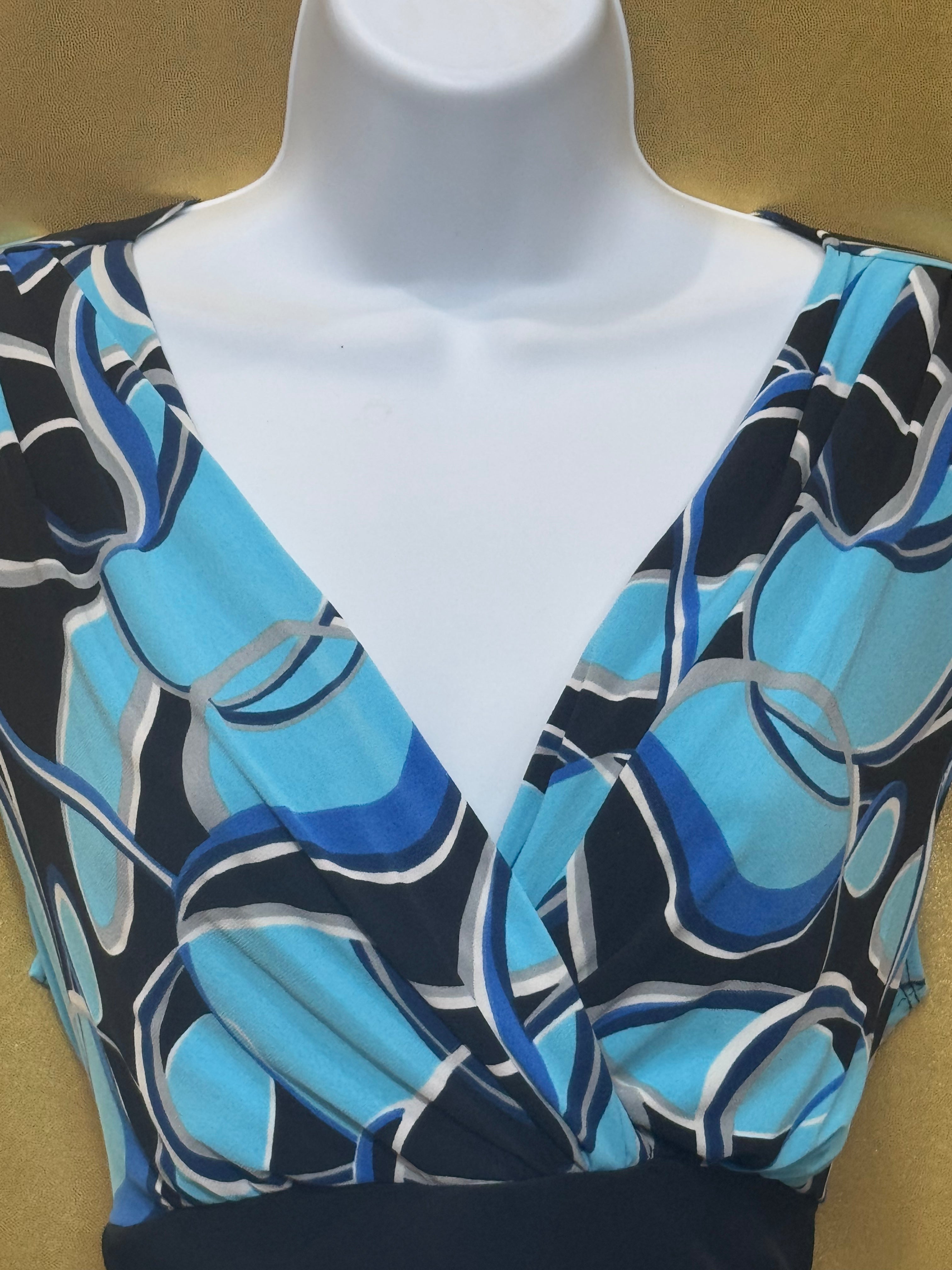 Cato Blue Geometric V-Neck Cap Sleeve Blouse Top - Medium