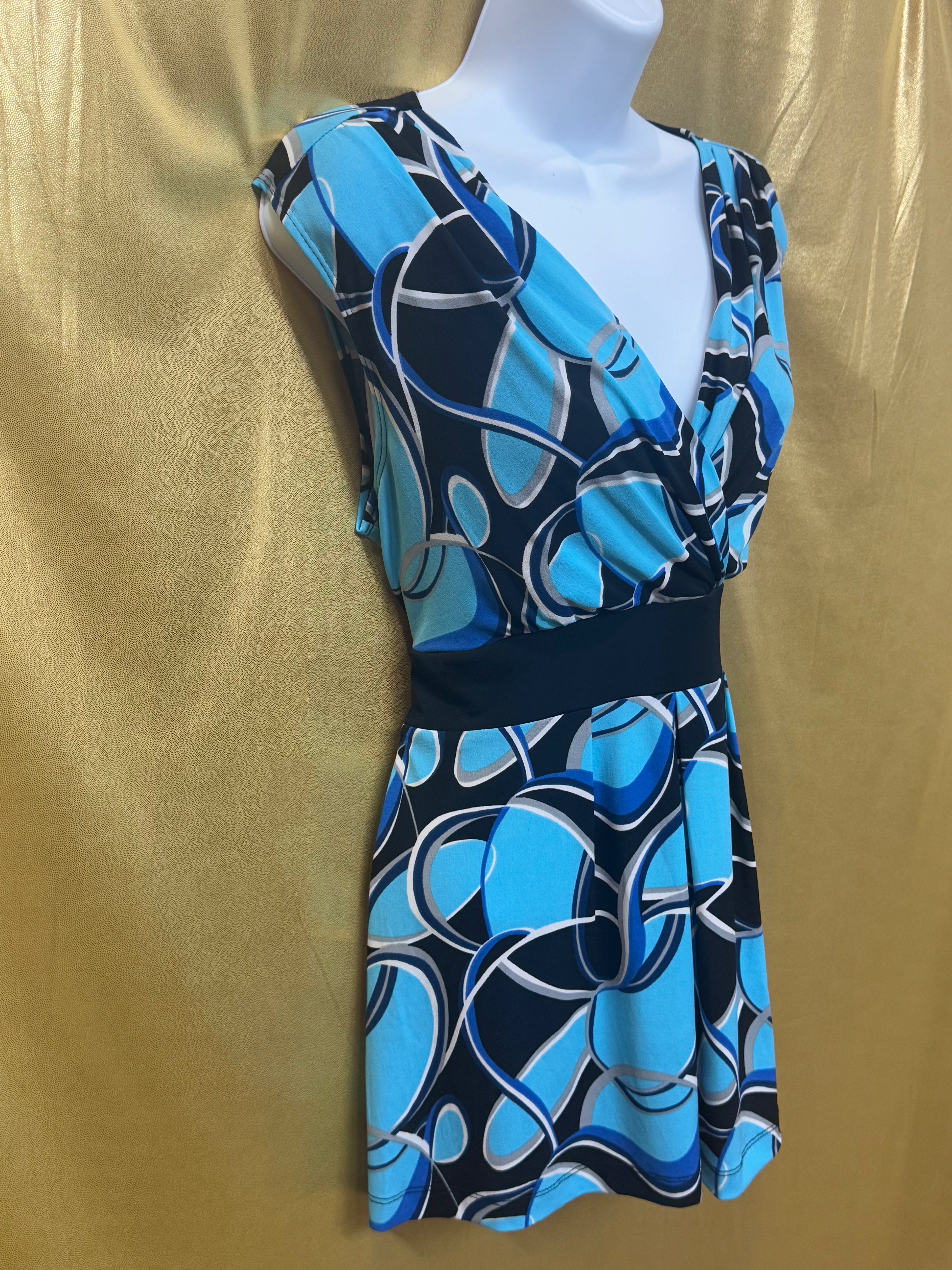 Cato Blue Geometric V-Neck Cap Sleeve Blouse Top - Medium