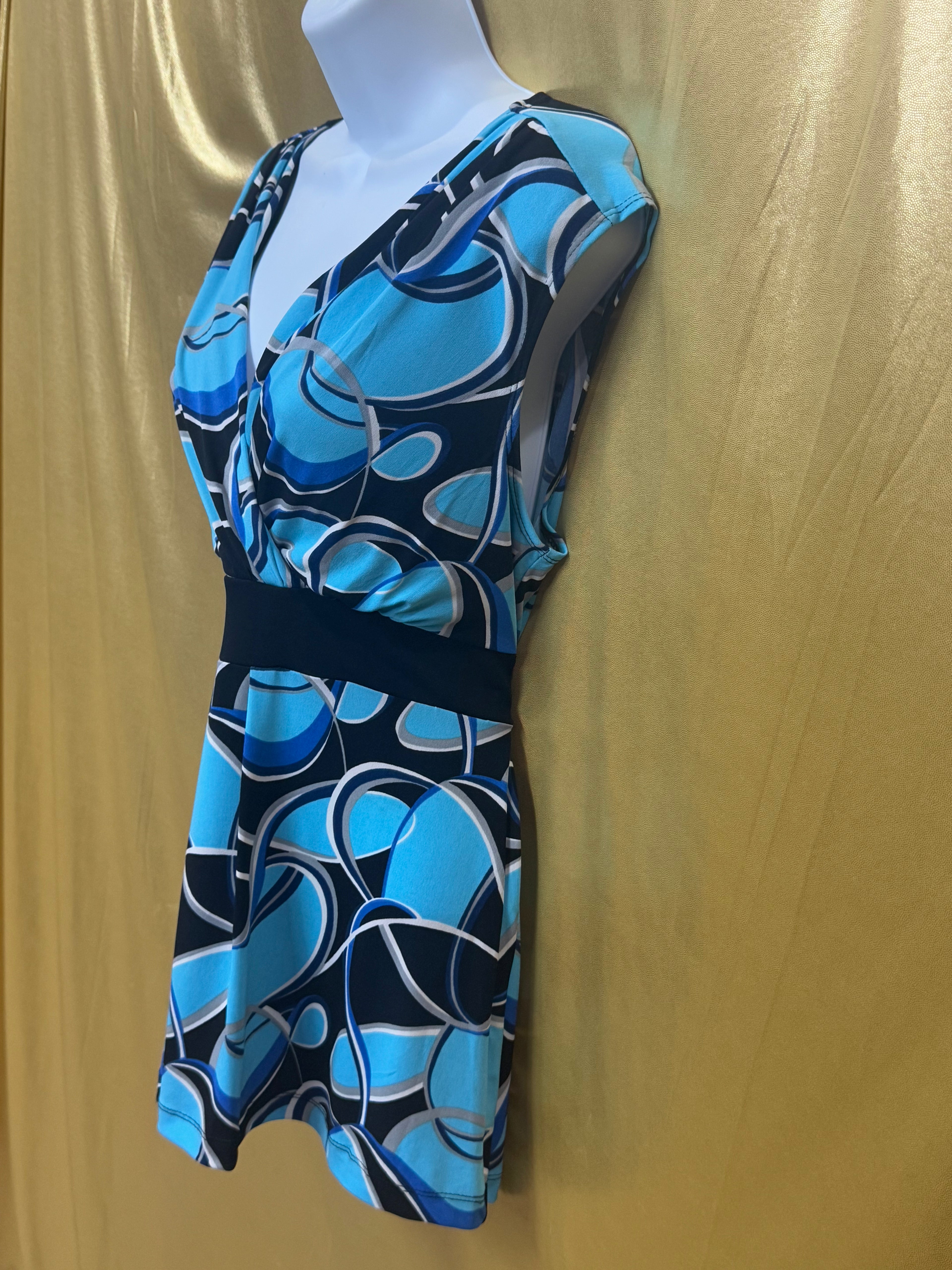 Cato Blue Geometric V-Neck Cap Sleeve Blouse Top - Medium