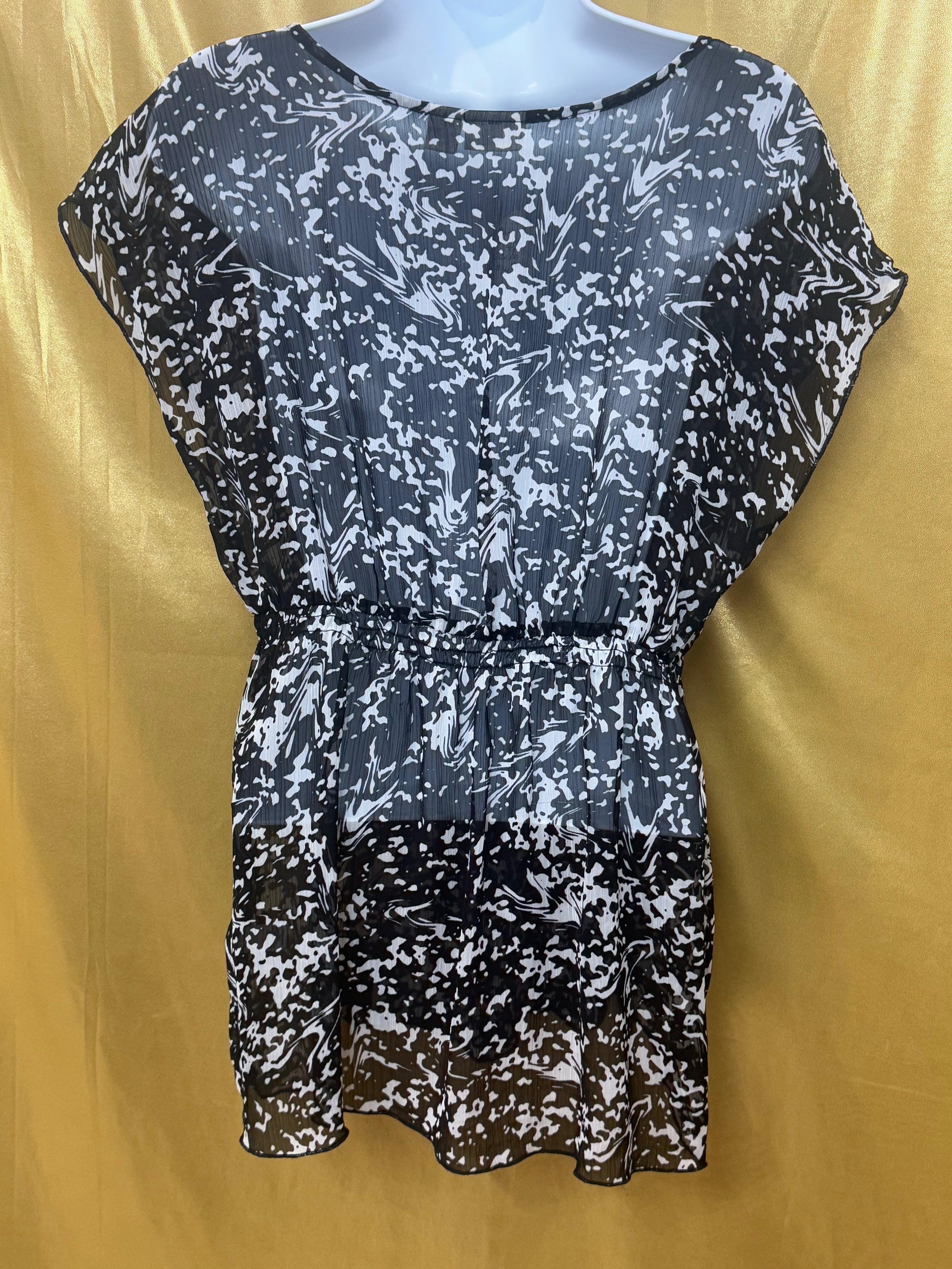 Cato Sheer Black & White Abstract Lace Trim Tunic Top Size Medium