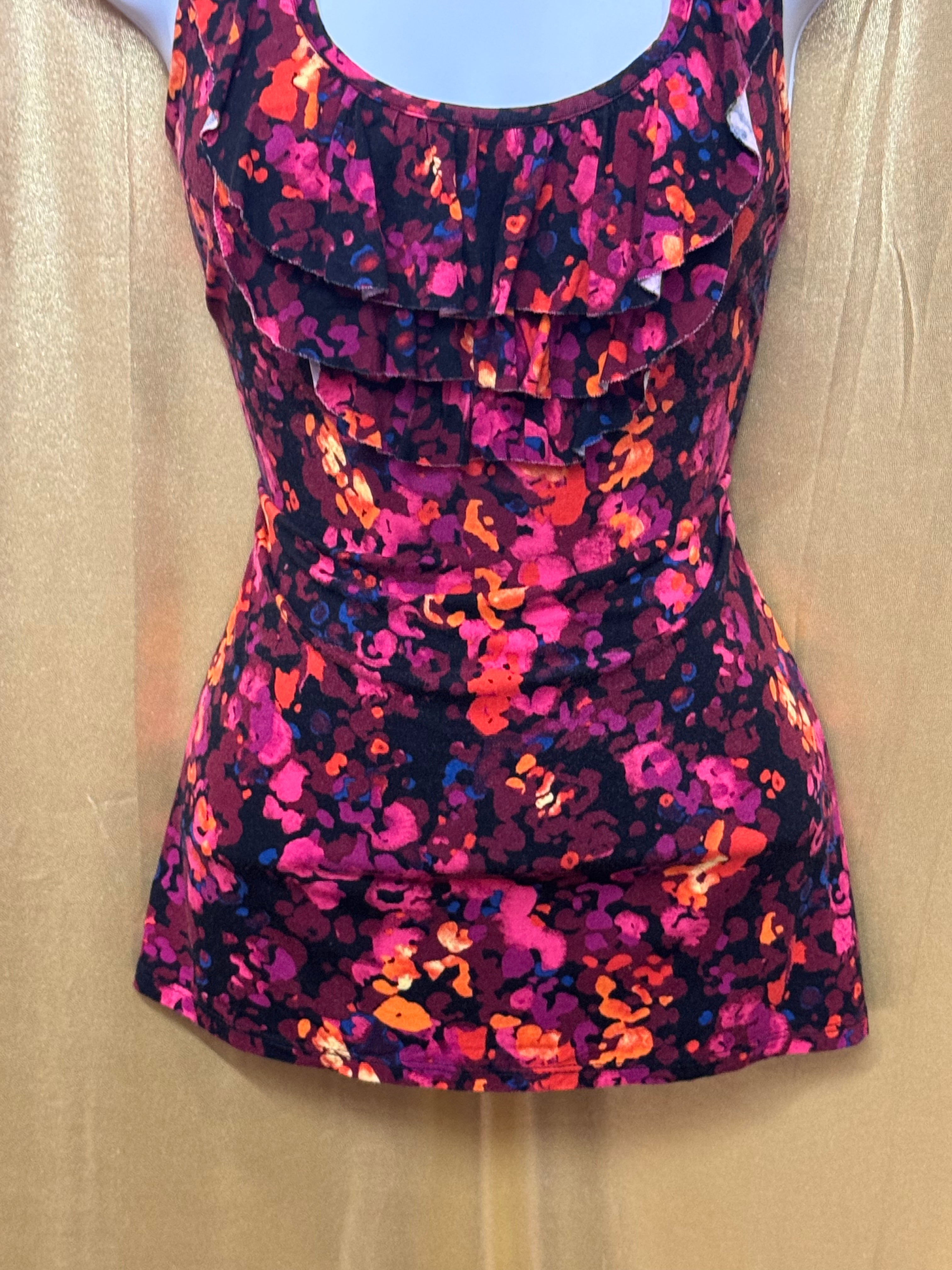 Merona Floral Ruffle Front Tank Top Size Small Sleeveless Stretchy Rayon Blend