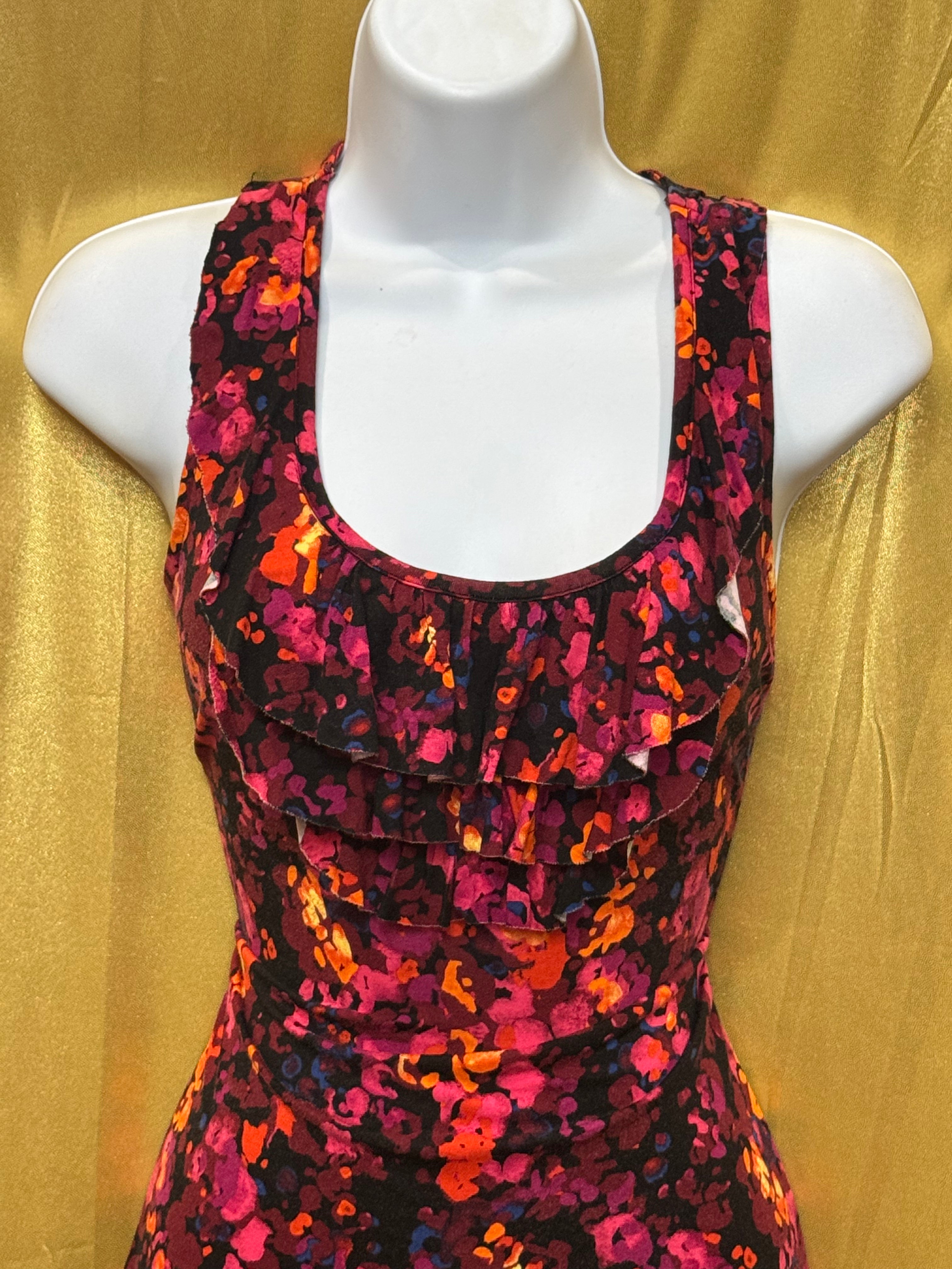 Merona Floral Ruffle Front Tank Top Size Small Sleeveless Stretchy Rayon Blend