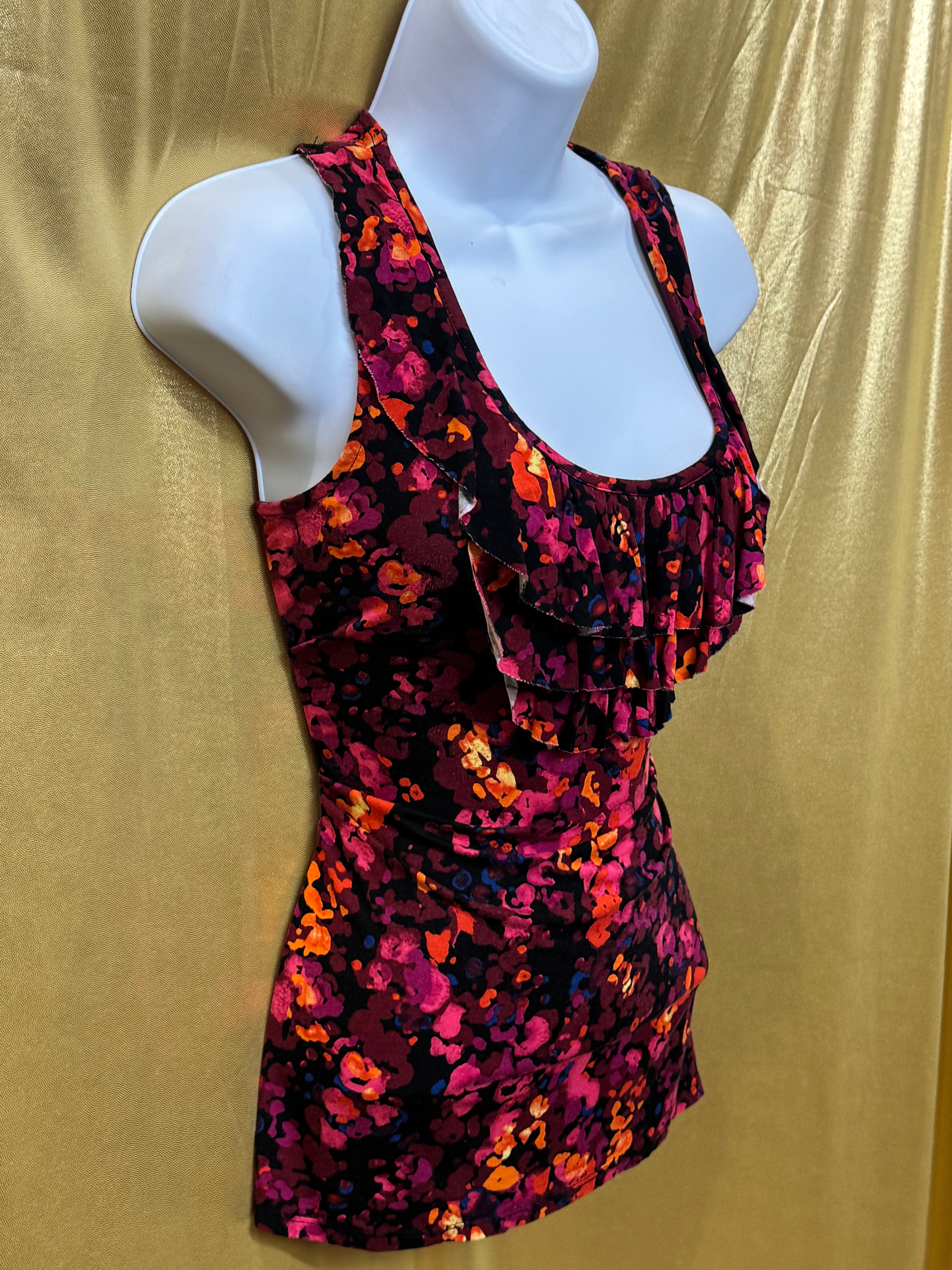 Merona Floral Ruffle Front Tank Top Size Small Sleeveless Stretchy Rayon Blend