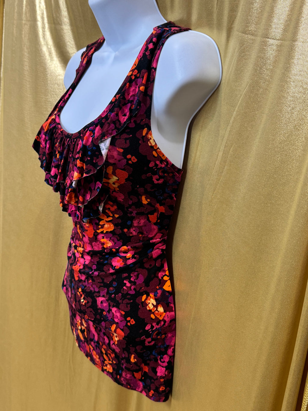 Merona Floral Ruffle Front Tank Top Size Small Sleeveless Stretchy Rayon Blend