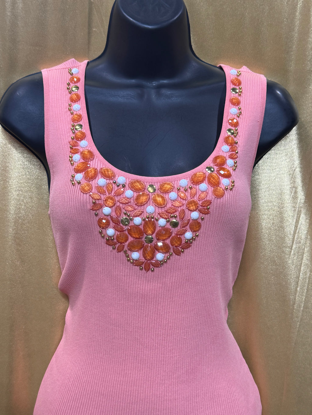 Ruby Rd. Peach Pink Embellished Tank Top Small Ribbed Knit