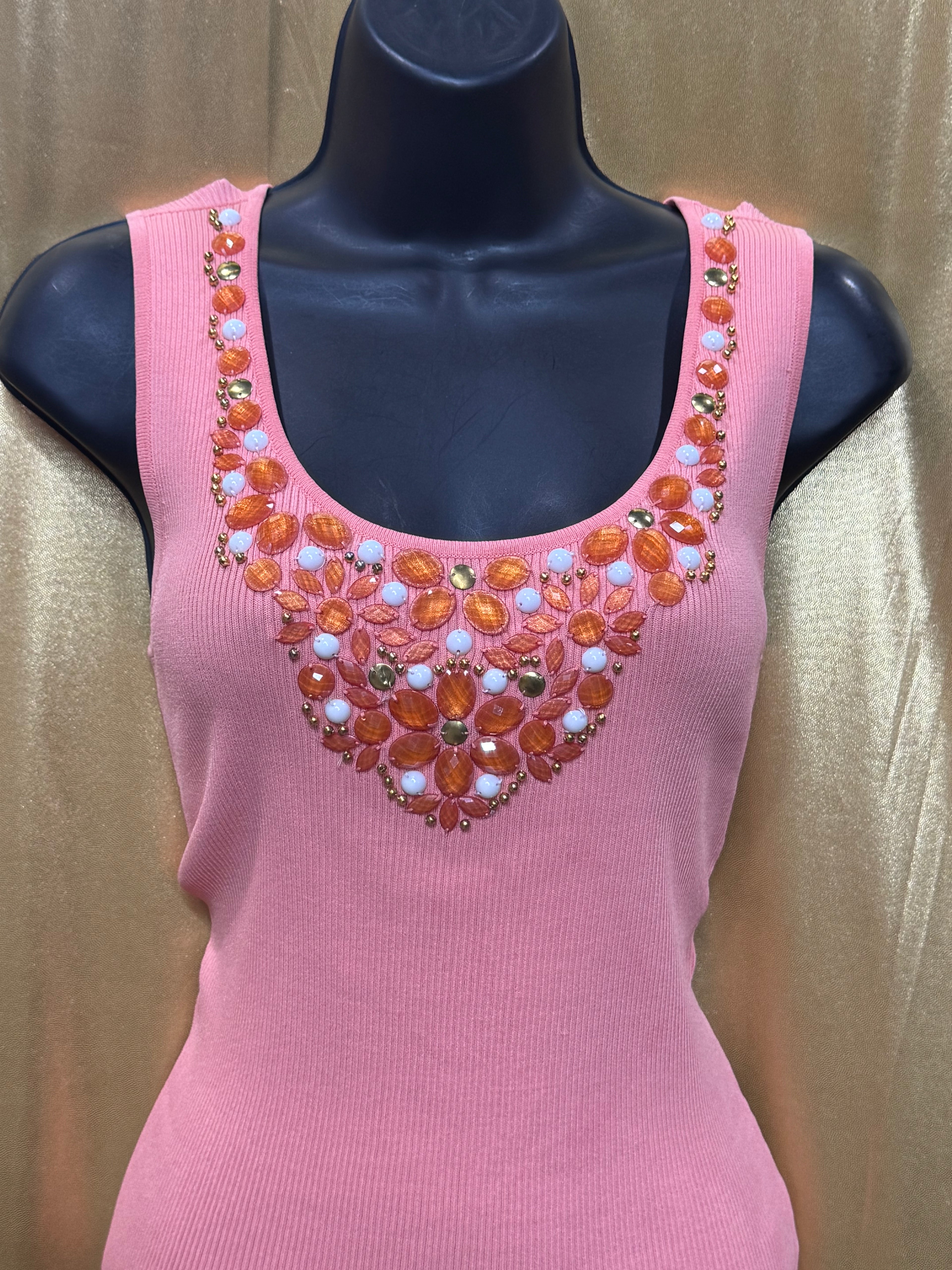 Ruby Rd. Peach Pink Embellished Tank Top Small Ribbed Knit