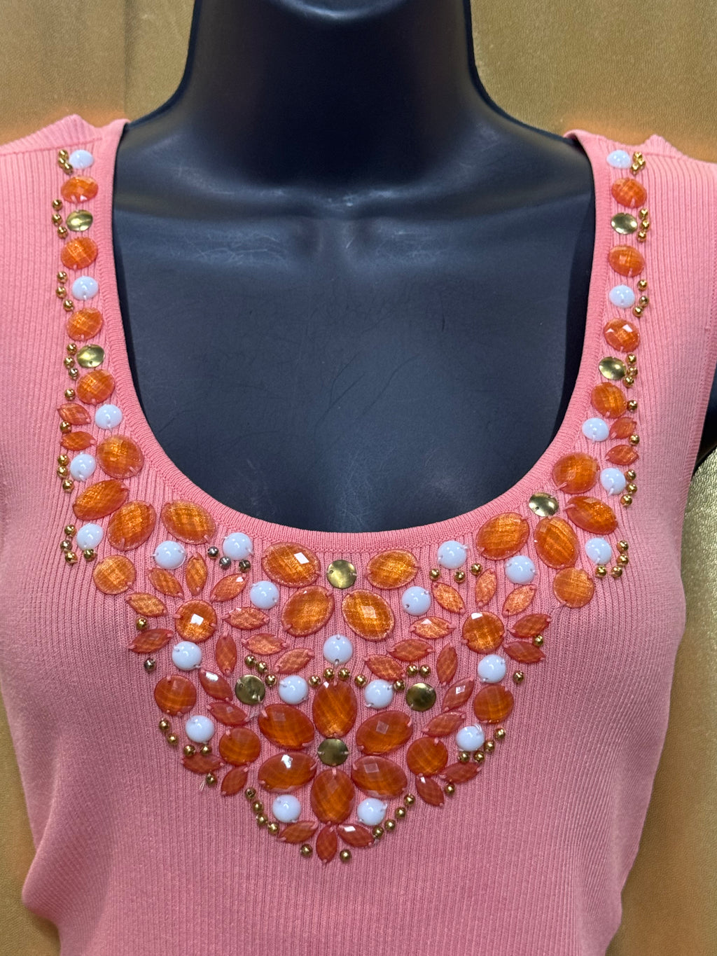 Ruby Rd. Peach Pink Embellished Tank Top Small Ribbed Knit