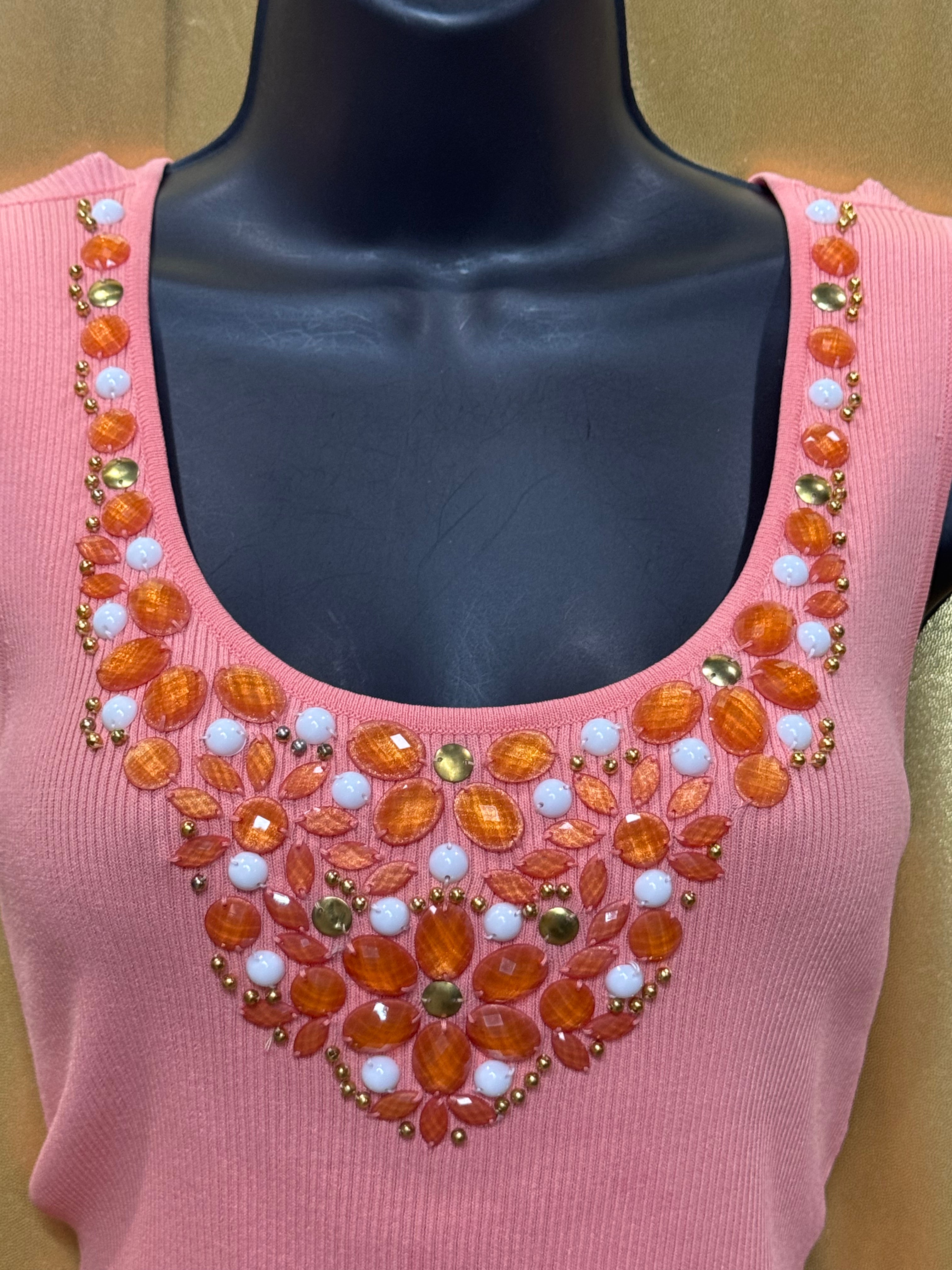 Ruby Rd. Peach Pink Embellished Tank Top Small Ribbed Knit