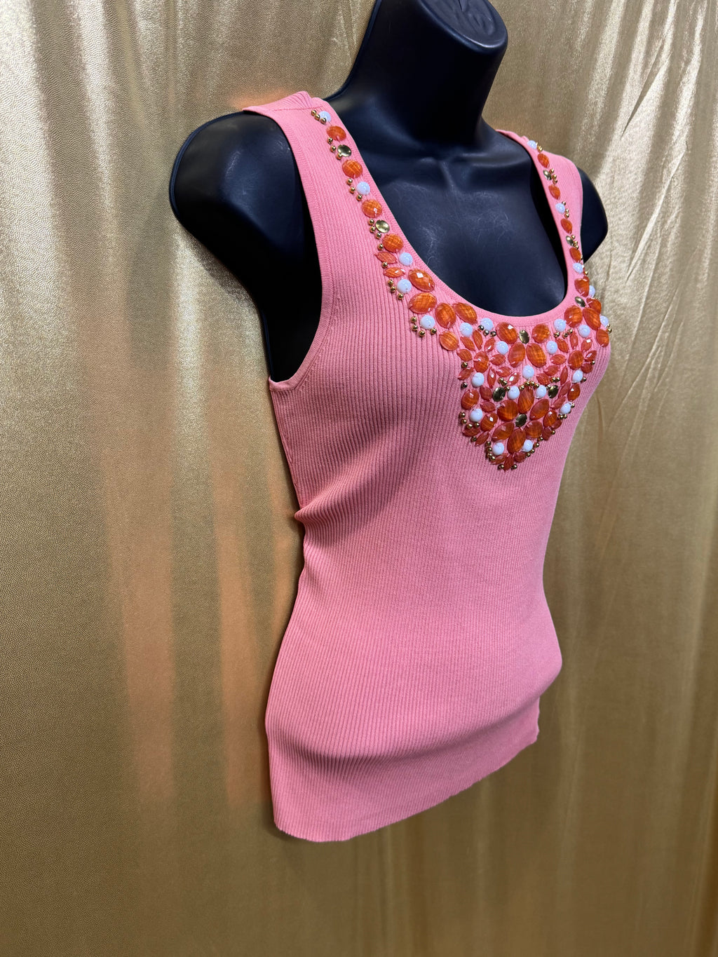 Ruby Rd. Peach Pink Embellished Tank Top Small Ribbed Knit