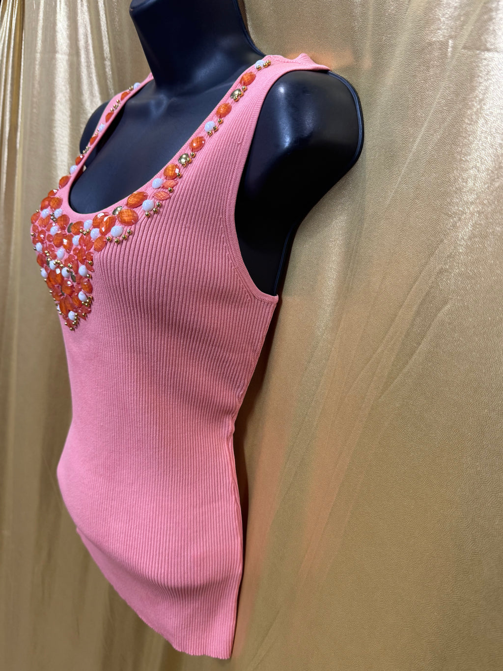 Ruby Rd. Peach Pink Embellished Tank Top Small Ribbed Knit