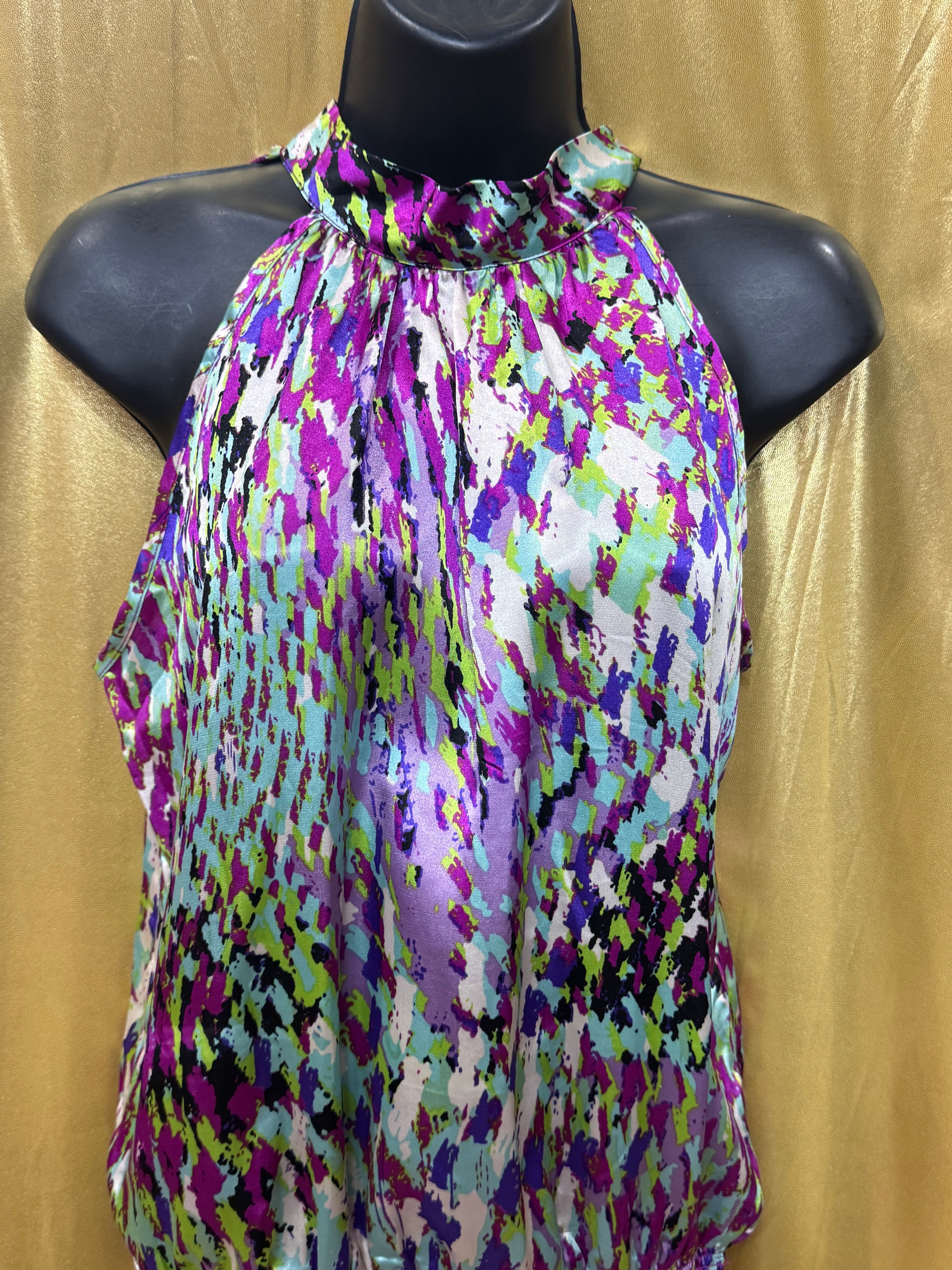 Unique Spectrum Halter Blouse Small Multicolor Tie Keyhole Back Smocked