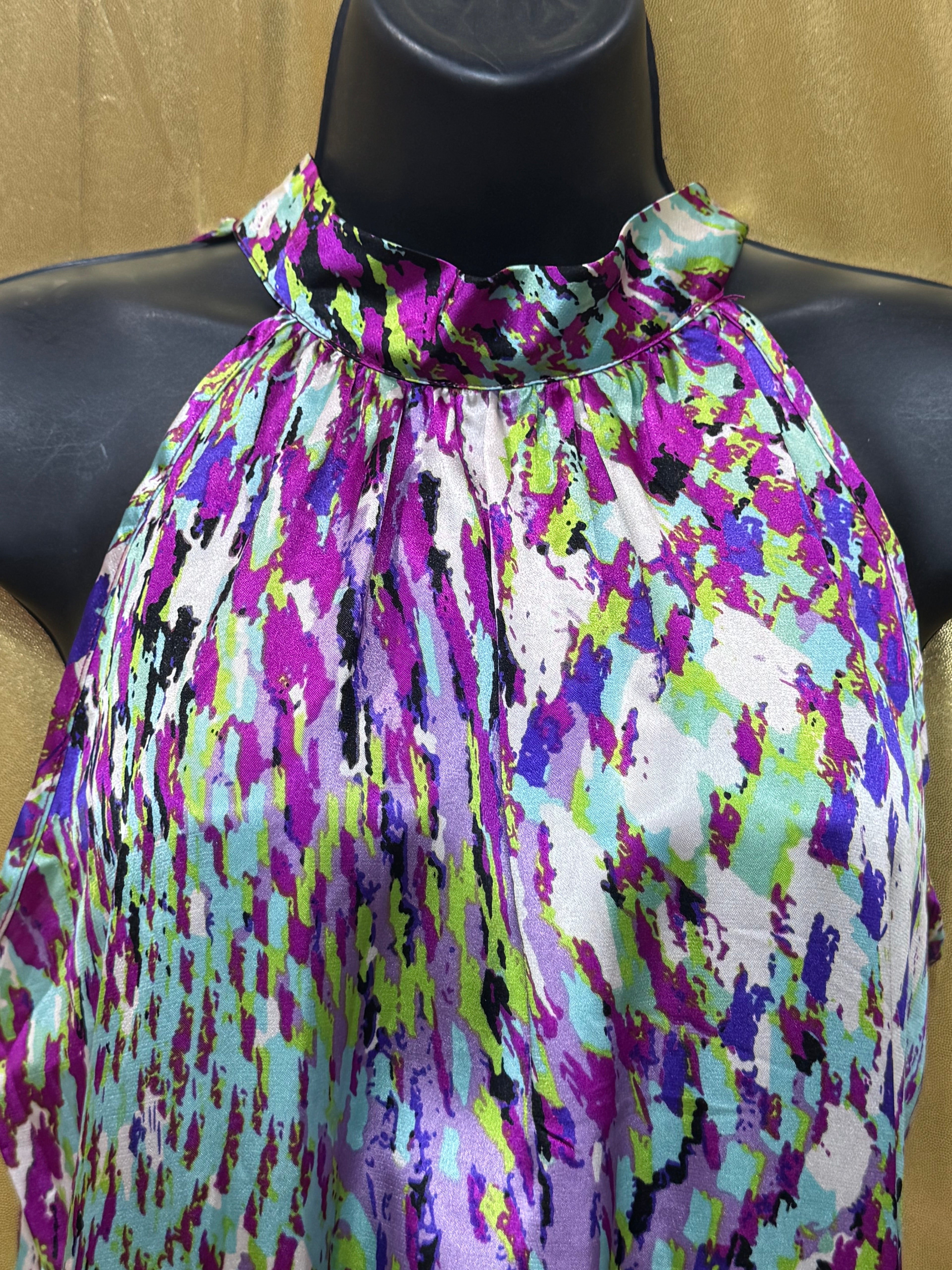 Unique Spectrum Halter Blouse Small Multicolor Tie Keyhole Back Smocked