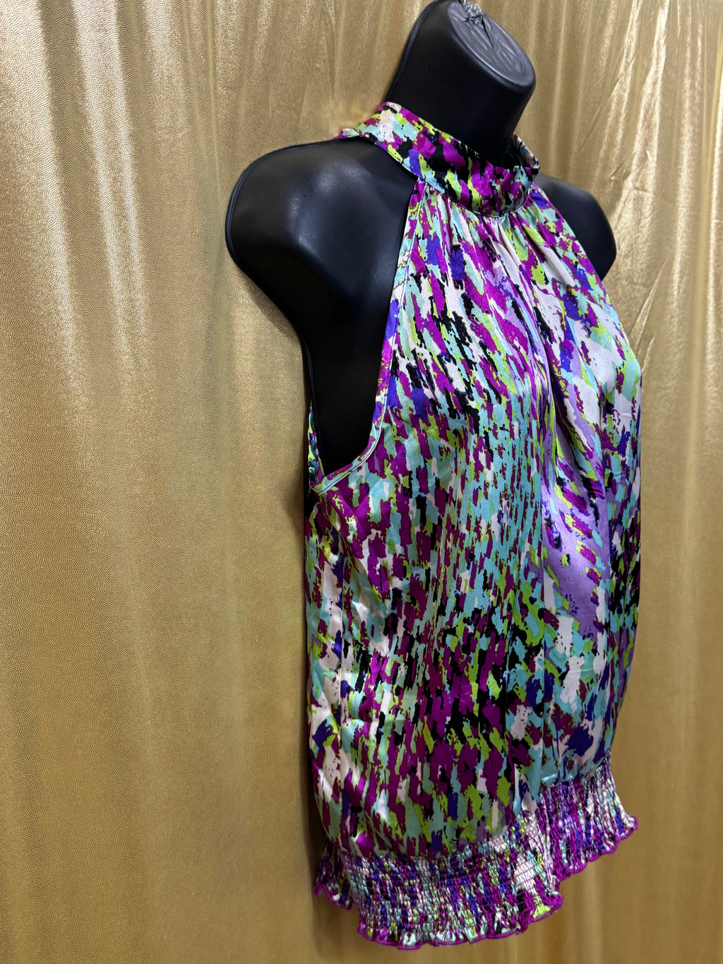 Unique Spectrum Halter Blouse Small Multicolor Tie Keyhole Back Smocked