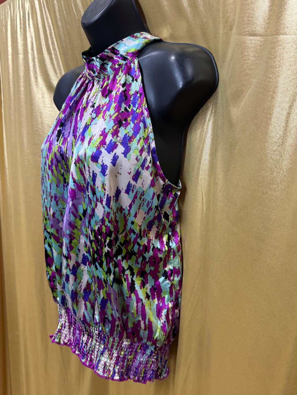 Unique Spectrum Halter Blouse Small Multicolor Tie Keyhole Back Smocked
