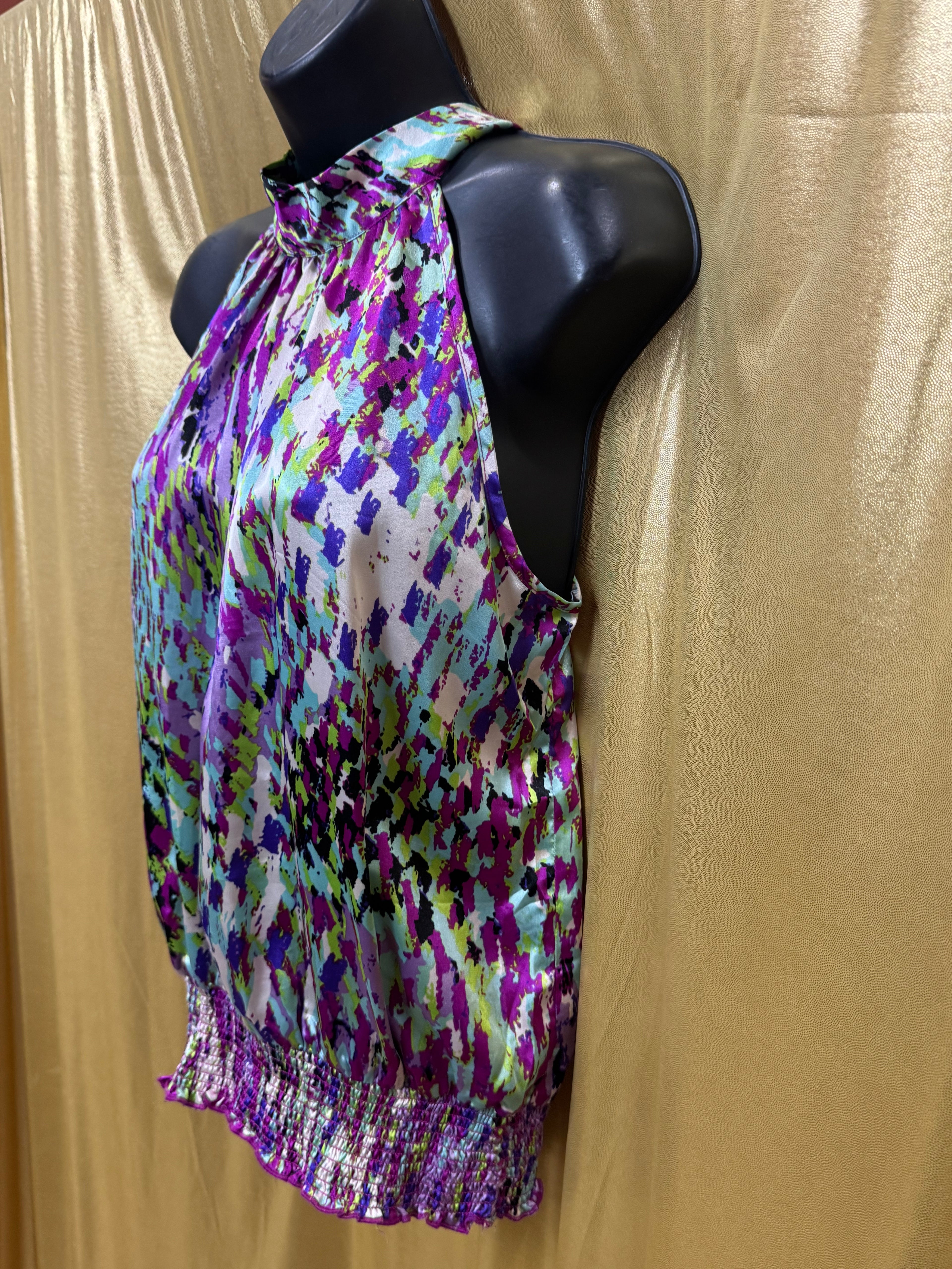Unique Spectrum Halter Blouse Small Multicolor Tie Keyhole Back Smocked