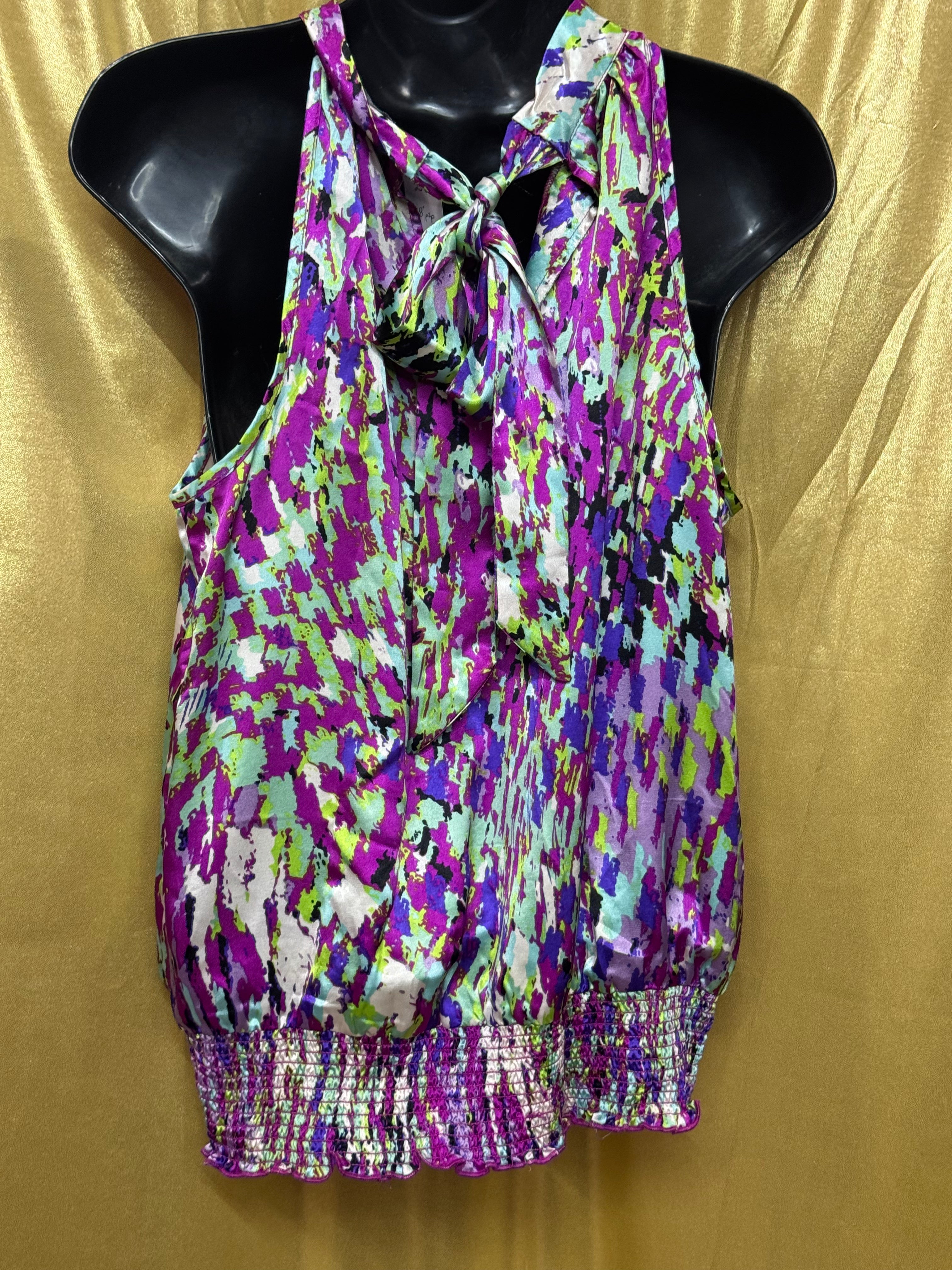 Unique Spectrum Halter Blouse Small Multicolor Tie Keyhole Back Smocked