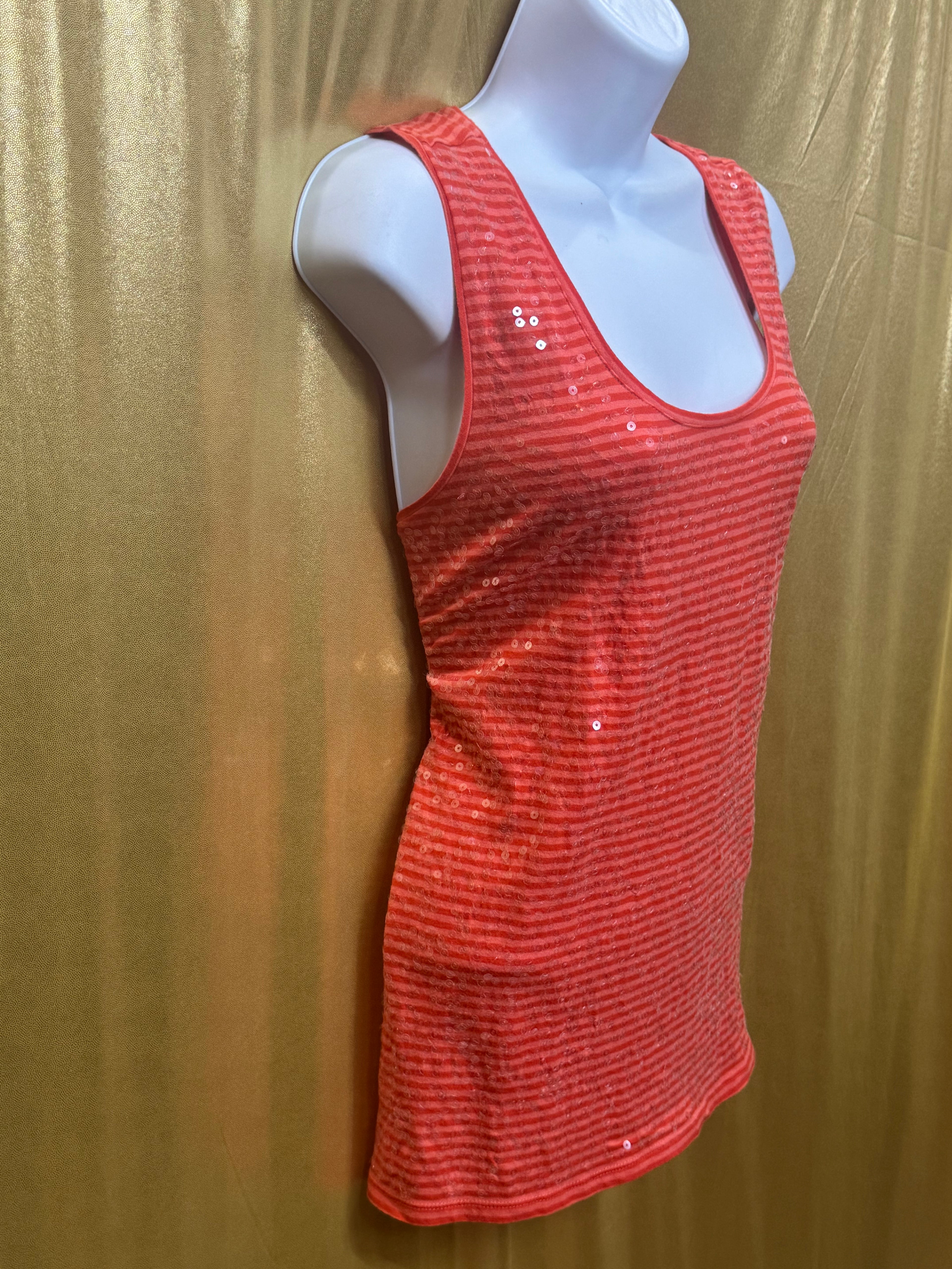 LOFT Orange Striped Sequin Scoop Neck Tank Top - Size Medium