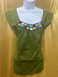Apt. 9 Olive Green Embellished Beaded Blouse Size Medium Scoop Neck Cap Sleeve