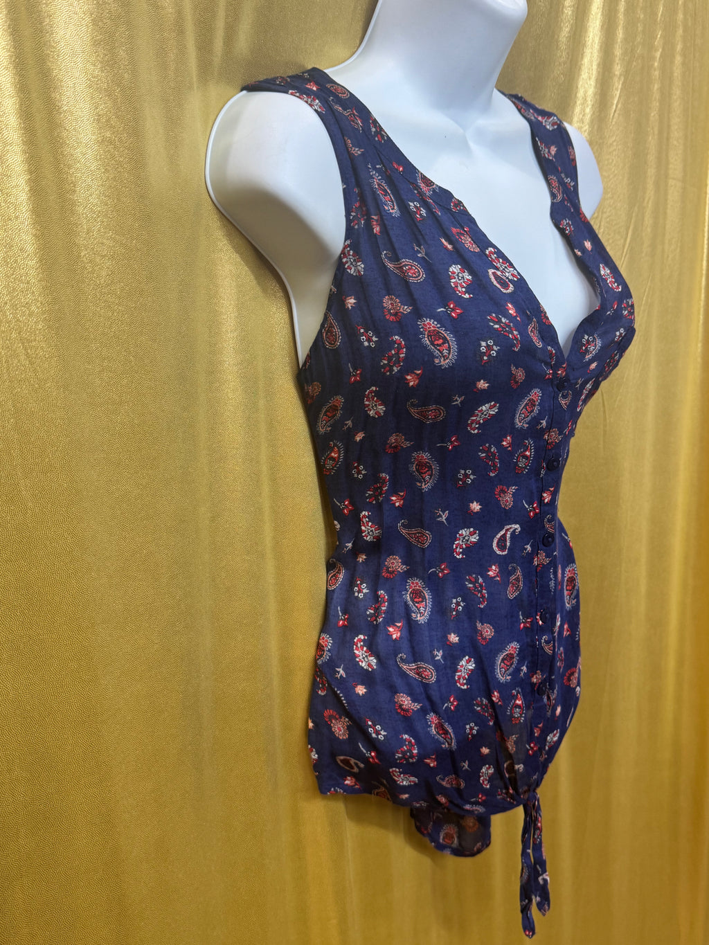 Lucky Brand Navy Paisley Sleeveless Tie-Front Top - Size M