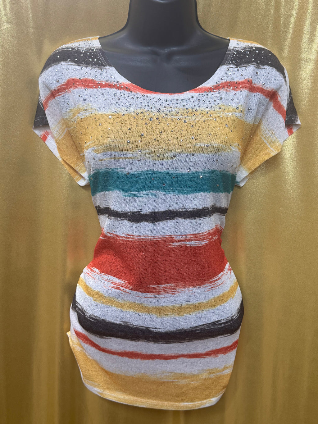 Cato Striped Rhinestone Knit Top Size Medium Multicolor Brushstroke Short Sleeve