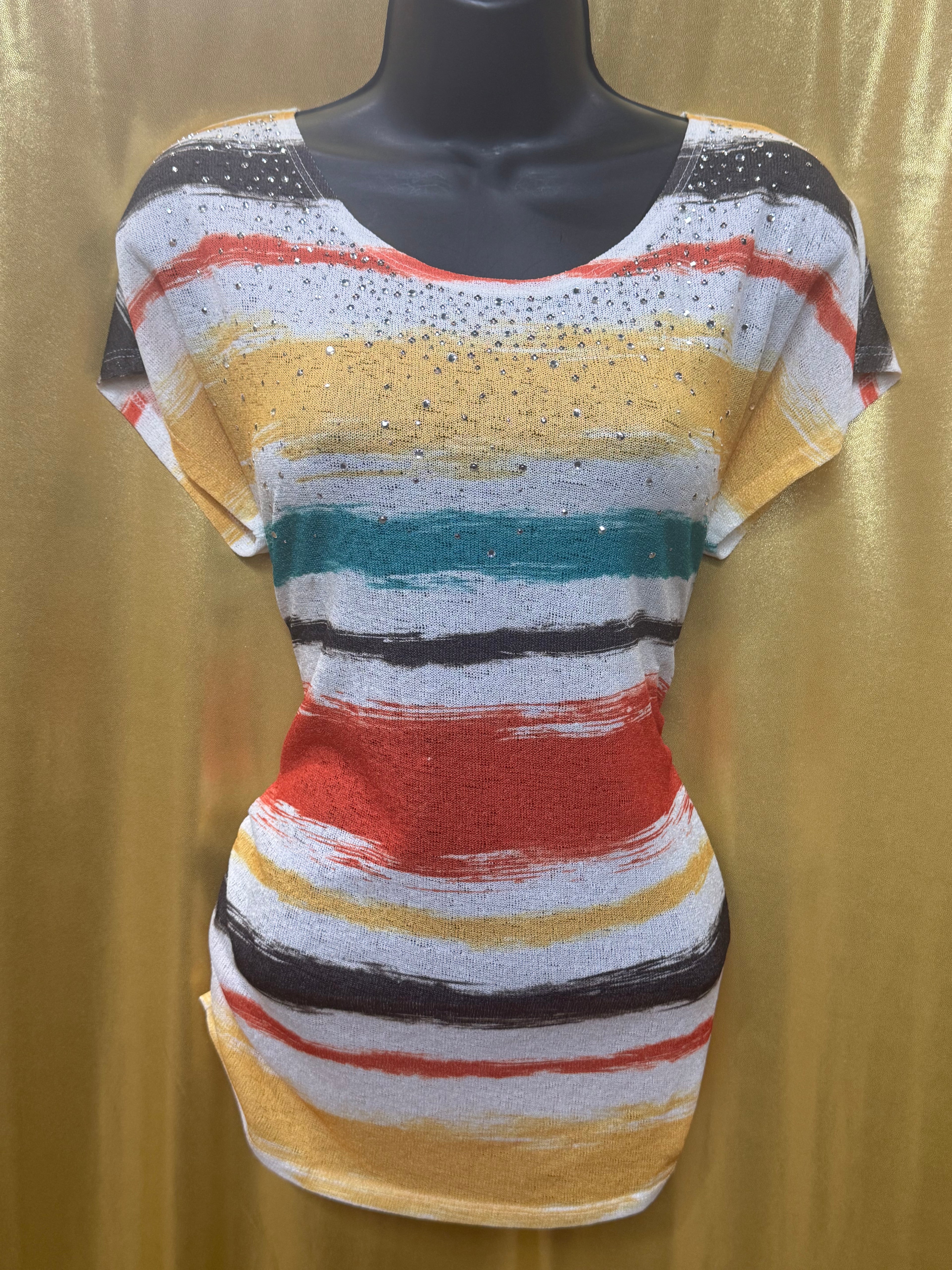Cato Striped Rhinestone Knit Top Size Medium Multicolor Brushstroke Short Sleeve