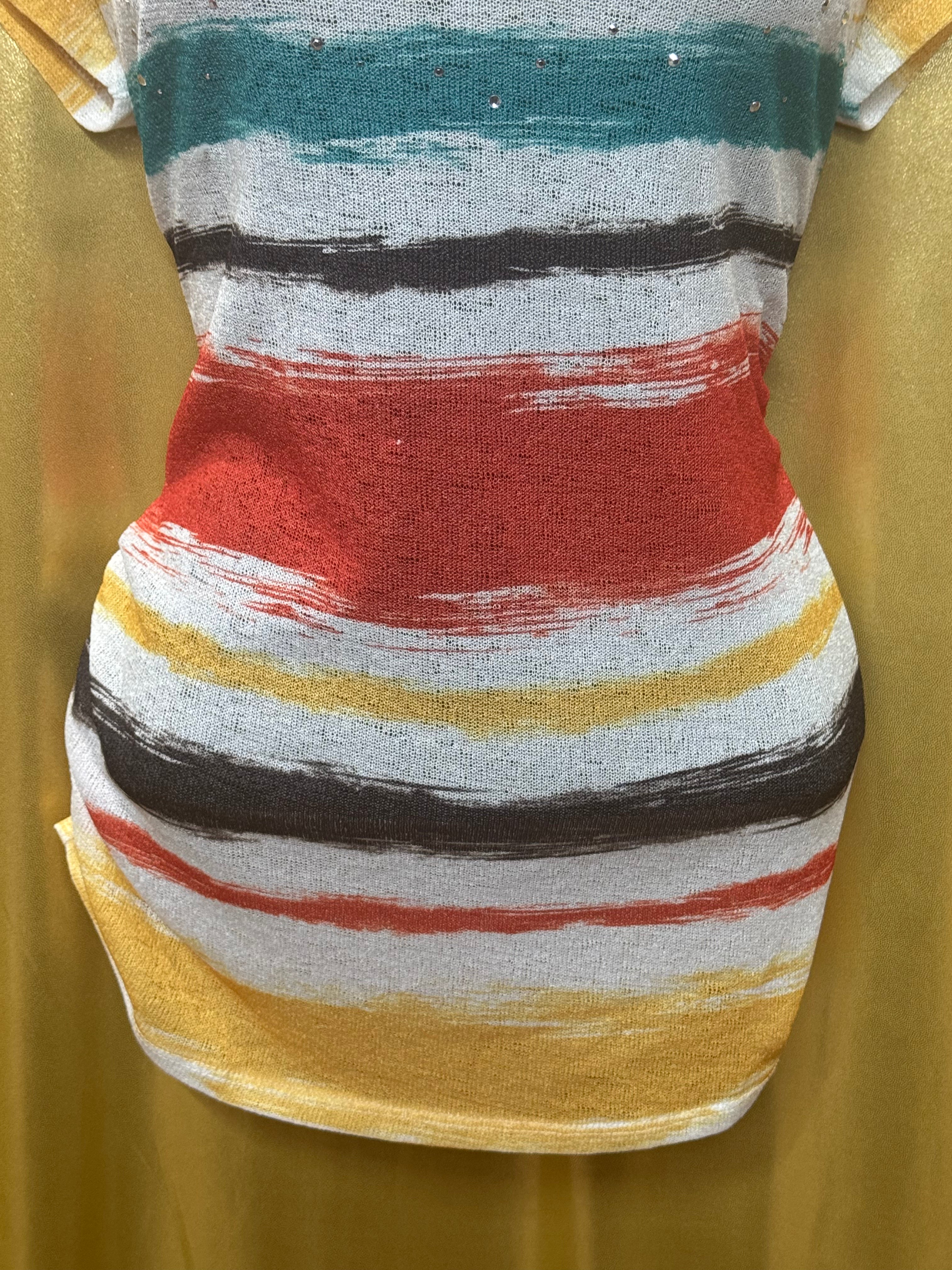 Cato Striped Rhinestone Knit Top Size Medium Multicolor Brushstroke Short Sleeve