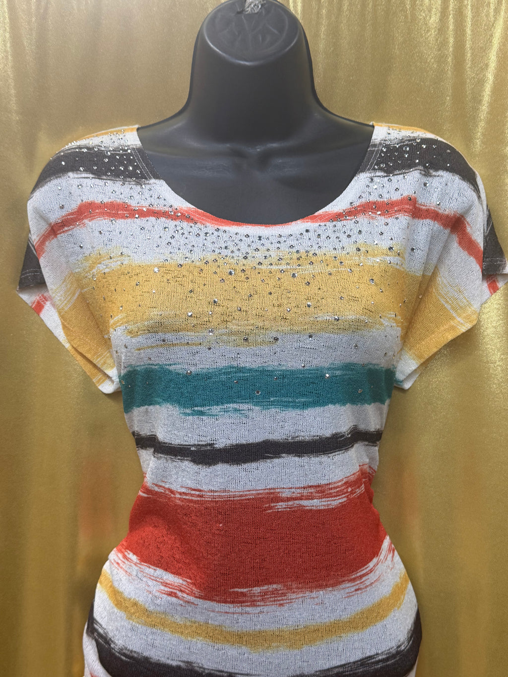 Cato Striped Rhinestone Knit Top Size Medium Multicolor Brushstroke Short Sleeve