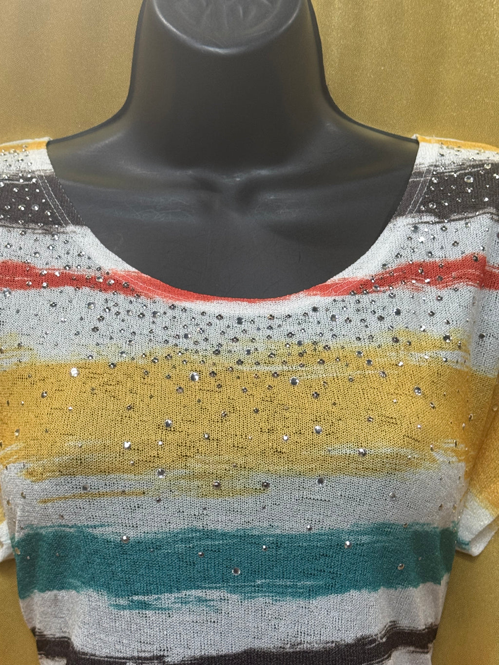 Cato Striped Rhinestone Knit Top Size Medium Multicolor Brushstroke Short Sleeve