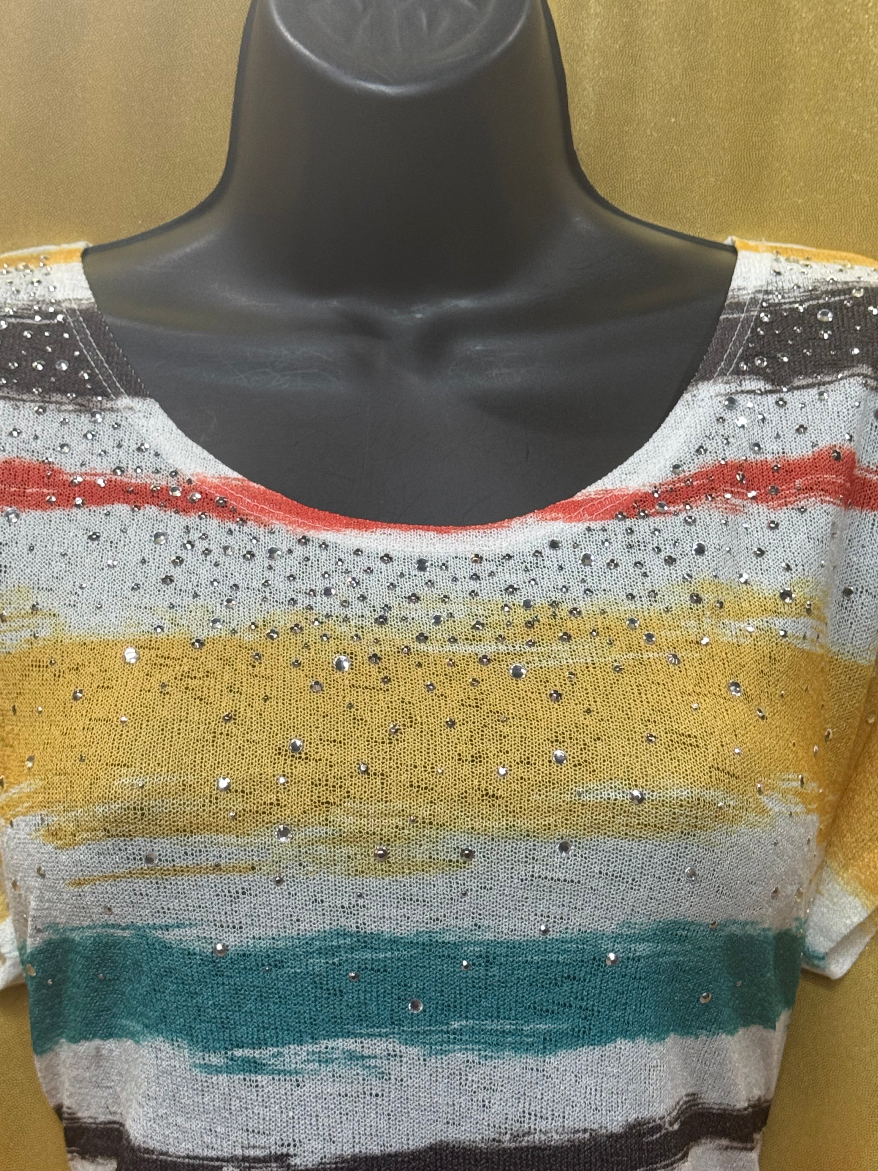 Cato Striped Rhinestone Knit Top Size Medium Multicolor Brushstroke Short Sleeve