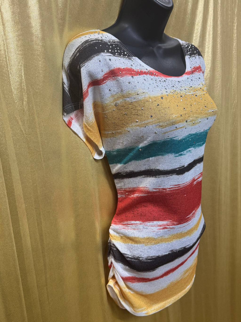 Cato Striped Rhinestone Knit Top Size Medium Multicolor Brushstroke Short Sleeve