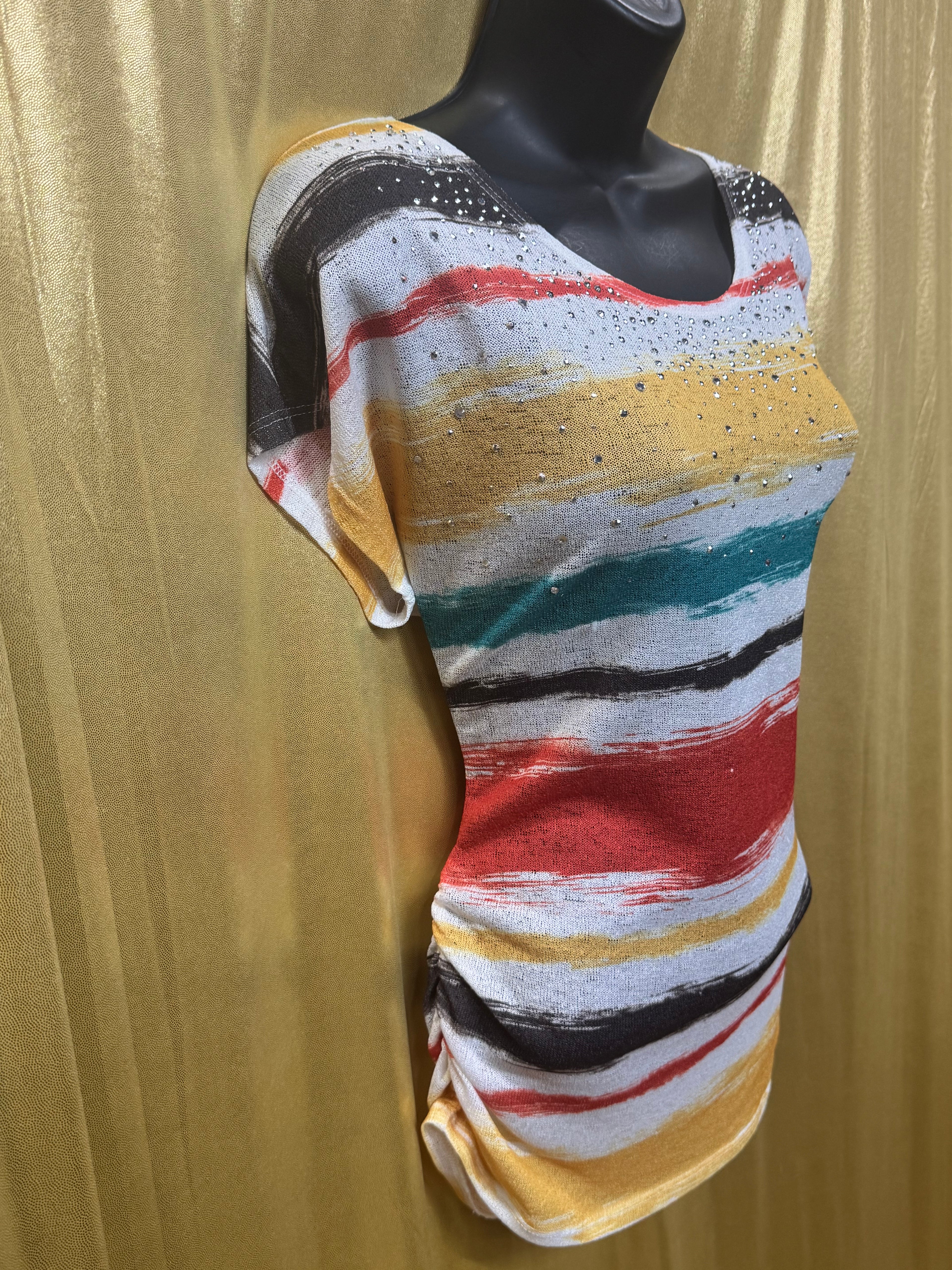 Cato Striped Rhinestone Knit Top Size Medium Multicolor Brushstroke Short Sleeve