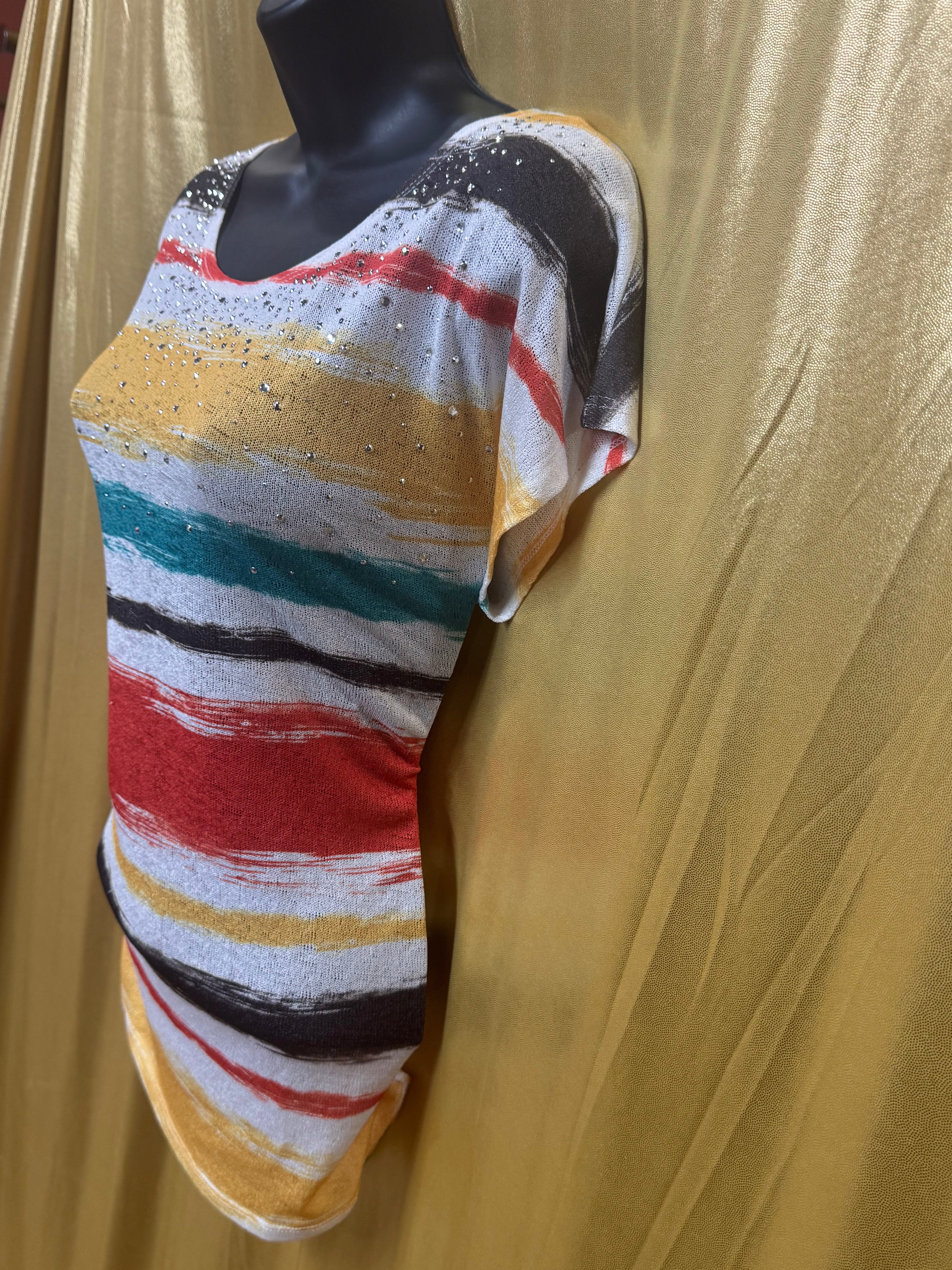 Cato Striped Rhinestone Knit Top Size Medium Multicolor Brushstroke Short Sleeve