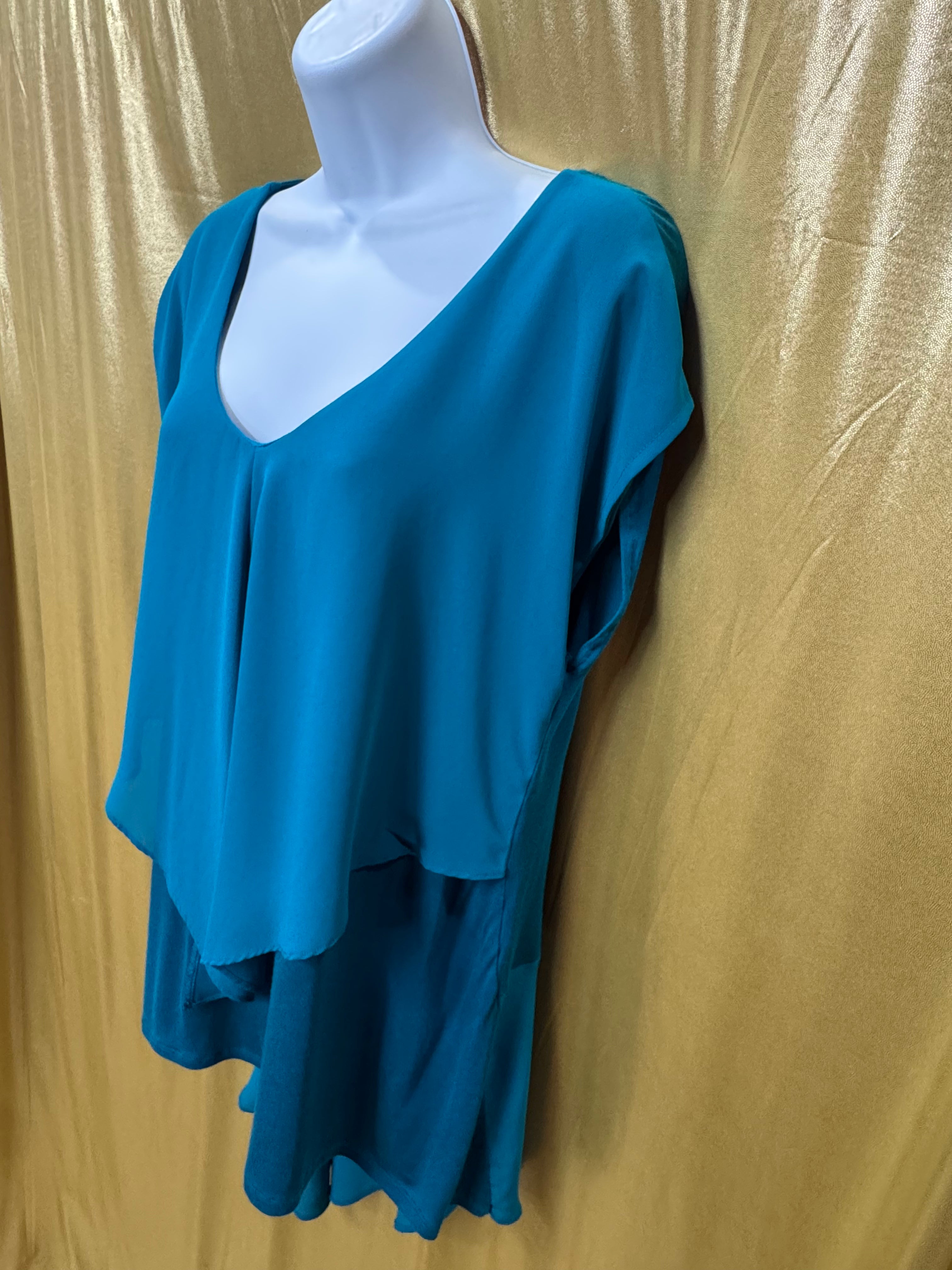 August Silk Teal Layered Asymmetric Blouse - Size Medium