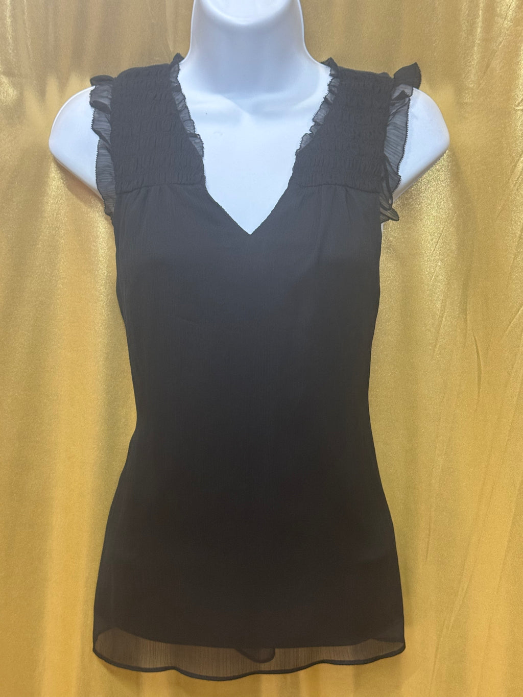 ELLE Black Sleeveless V-Neck Top with Smocked Ruffle Shoulders, Size Small
