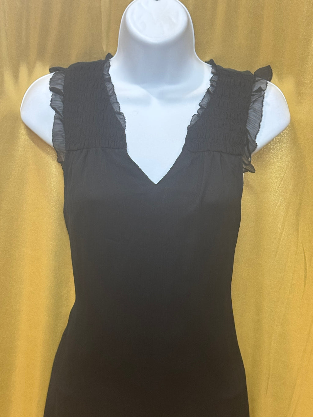 ELLE Black Sleeveless V-Neck Top with Smocked Ruffle Shoulders, Size Small