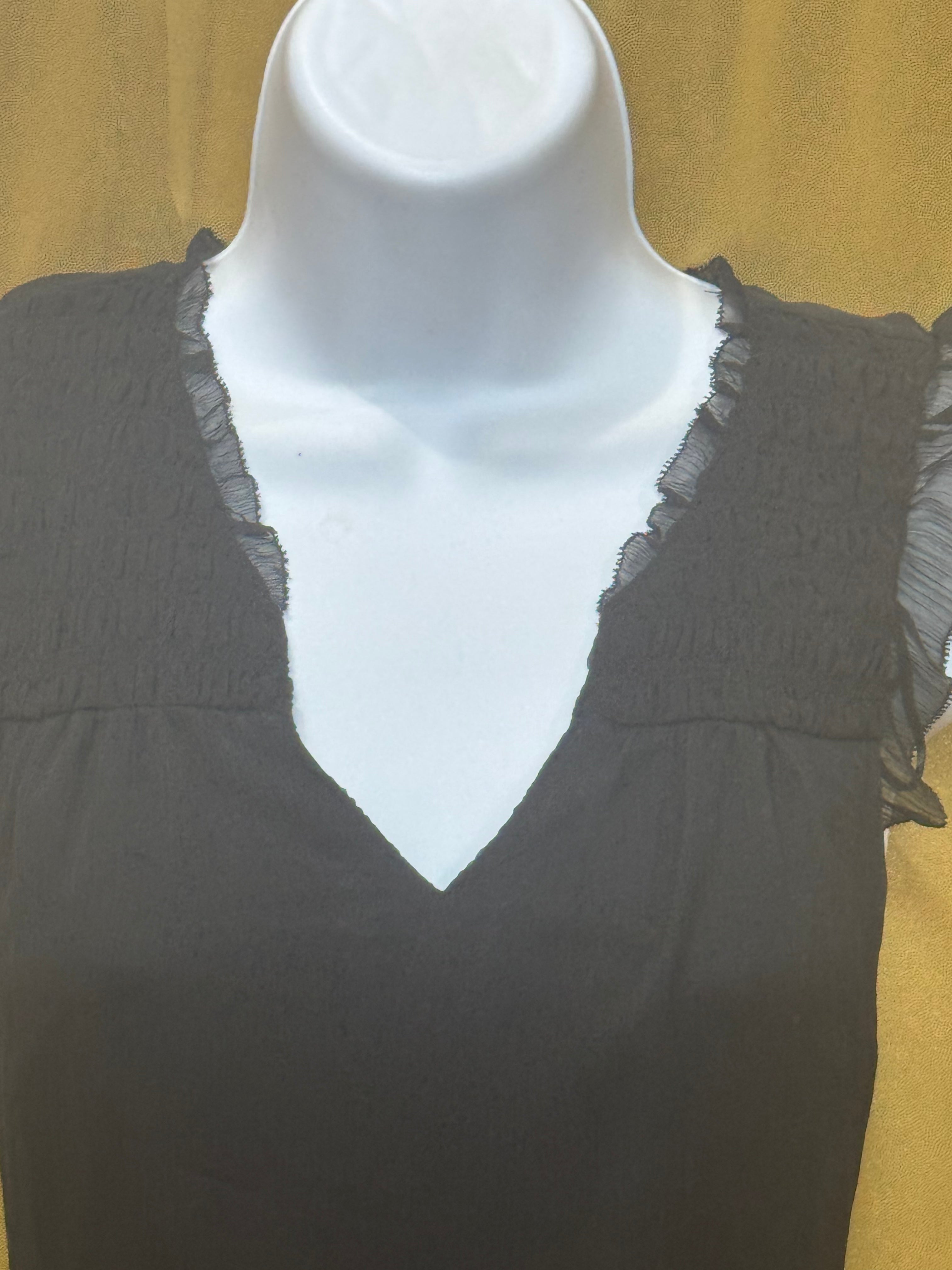 ELLE Black Sleeveless V-Neck Top with Smocked Ruffle Shoulders, Size Small